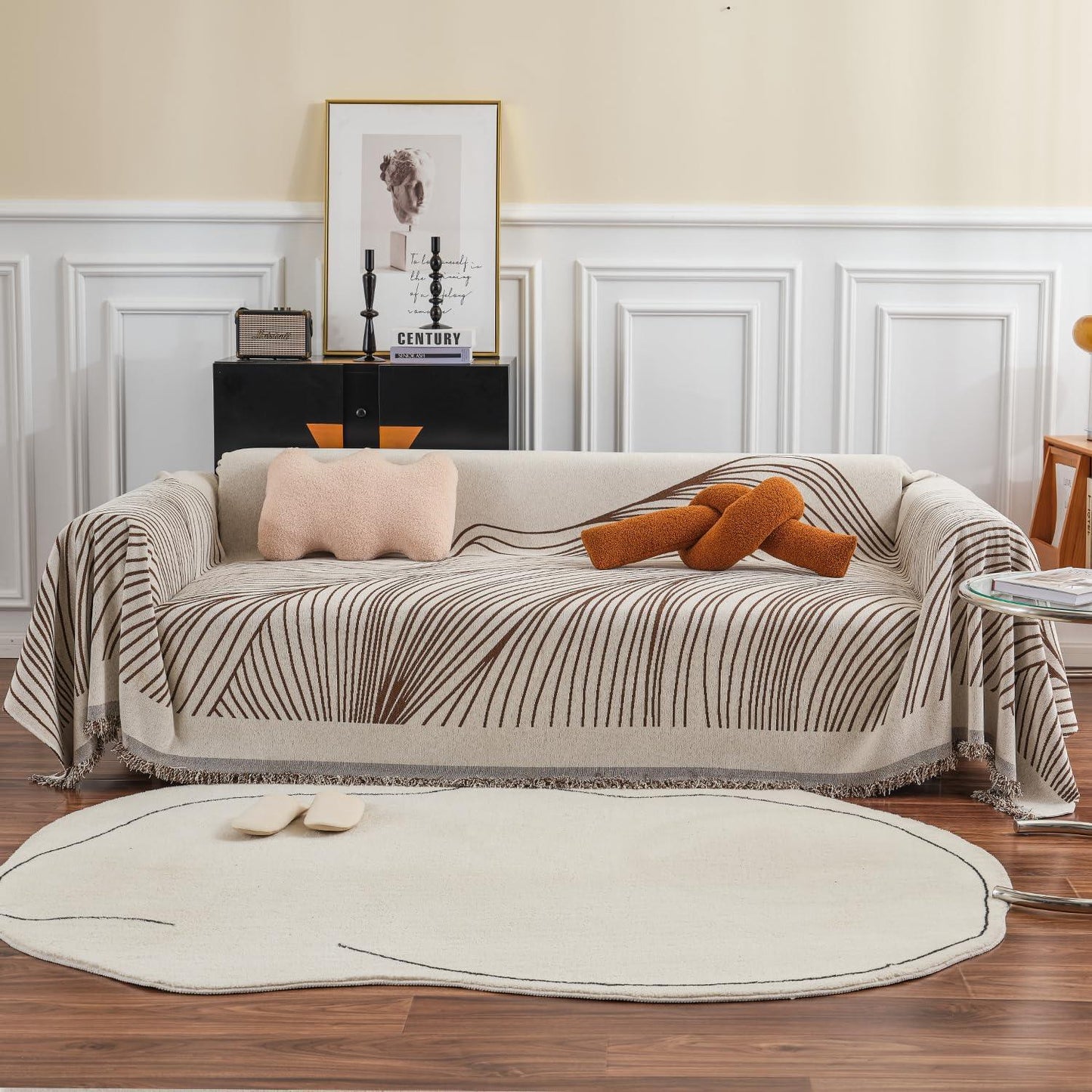 Coffee Colour, Wavy Print, All - Season Chenille Sofa Throw | Anti - Slip - HOKIPO | Har Ghar ka Humsafar