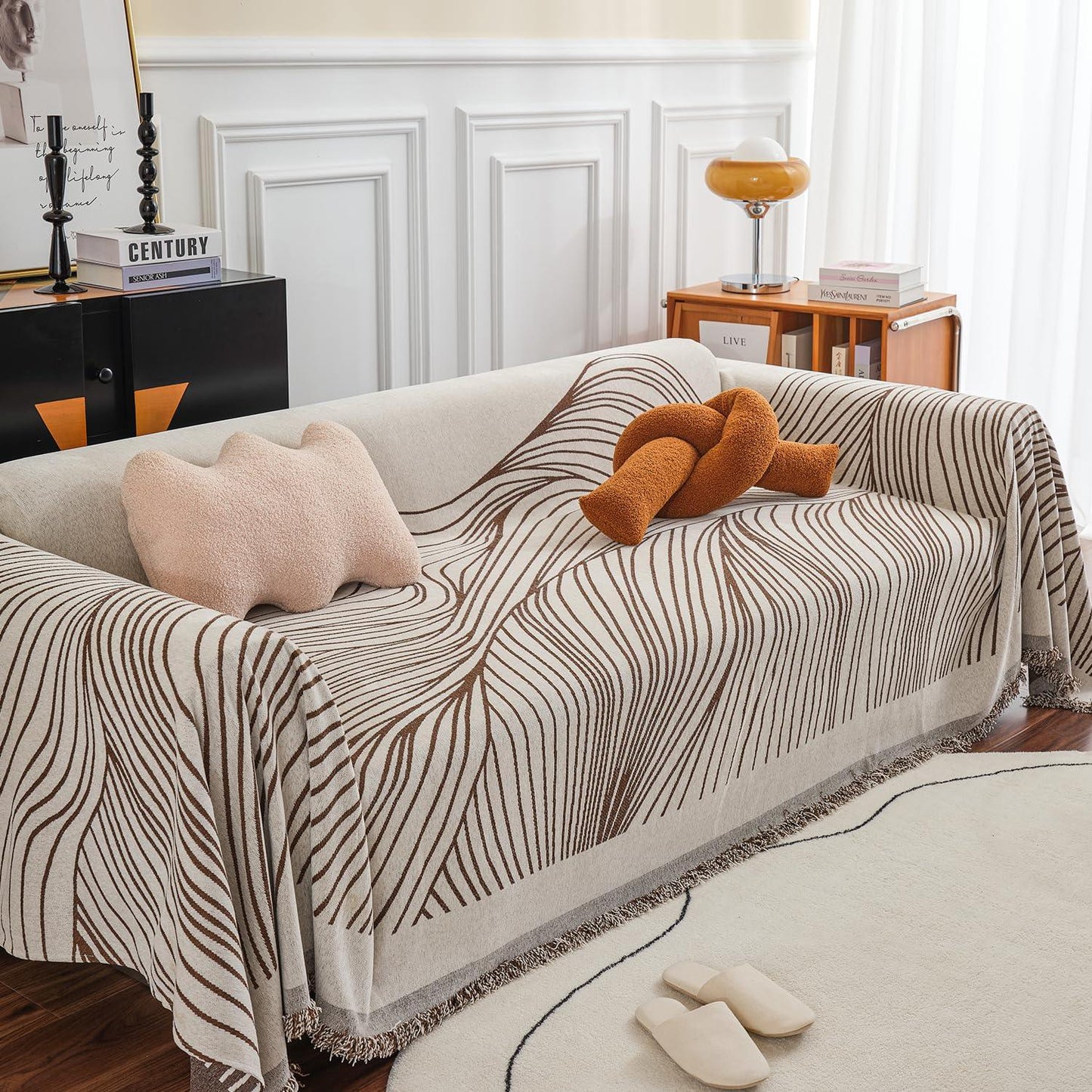 Coffee Colour, Wavy Print, All - Season Chenille Sofa Throw | Anti - Slip - HOKIPO | Har Ghar ka Humsafar