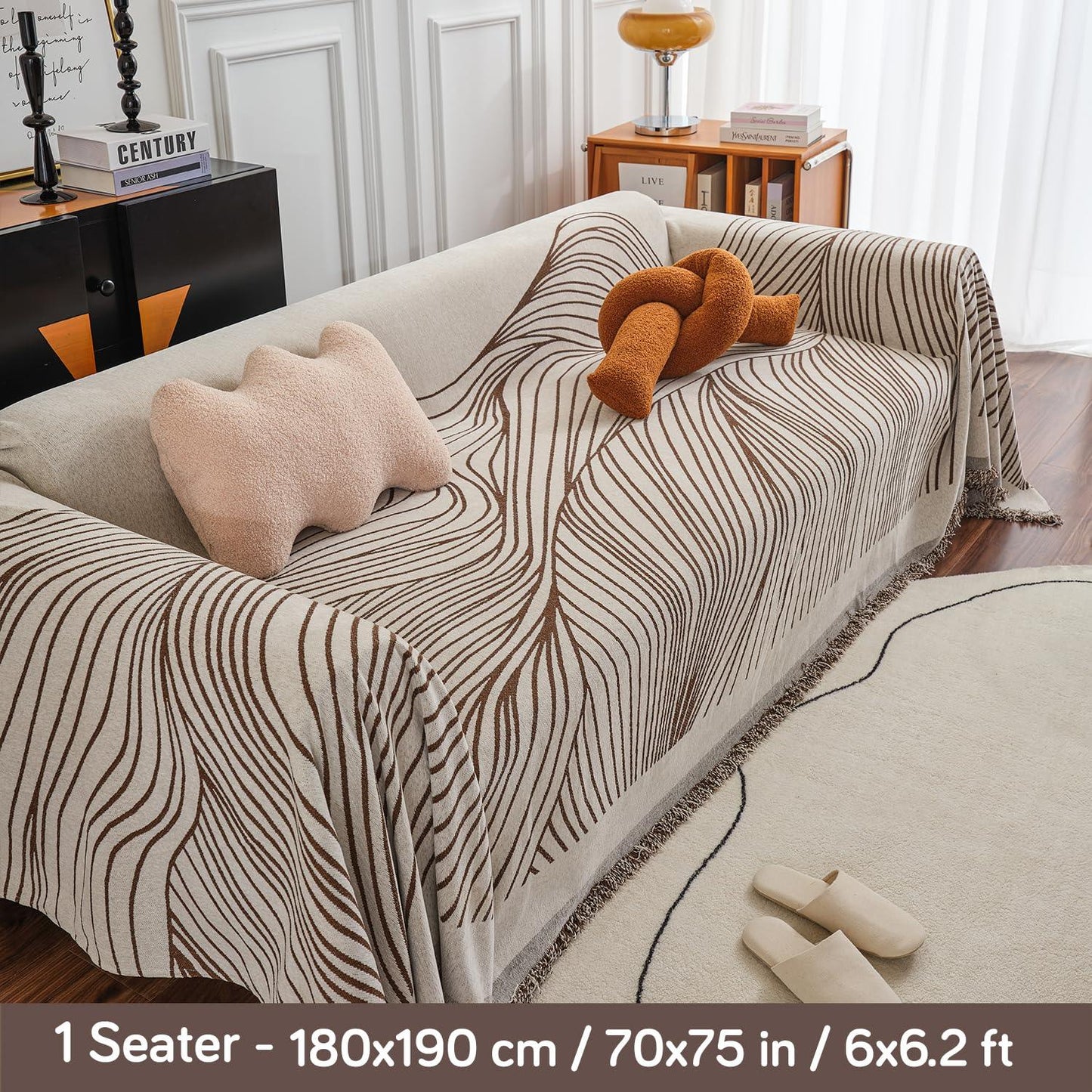 Coffee Colour, Wavy Print, All - Season Chenille Sofa Throw | Anti - Slip - HOKIPO | Har Ghar ka Humsafar