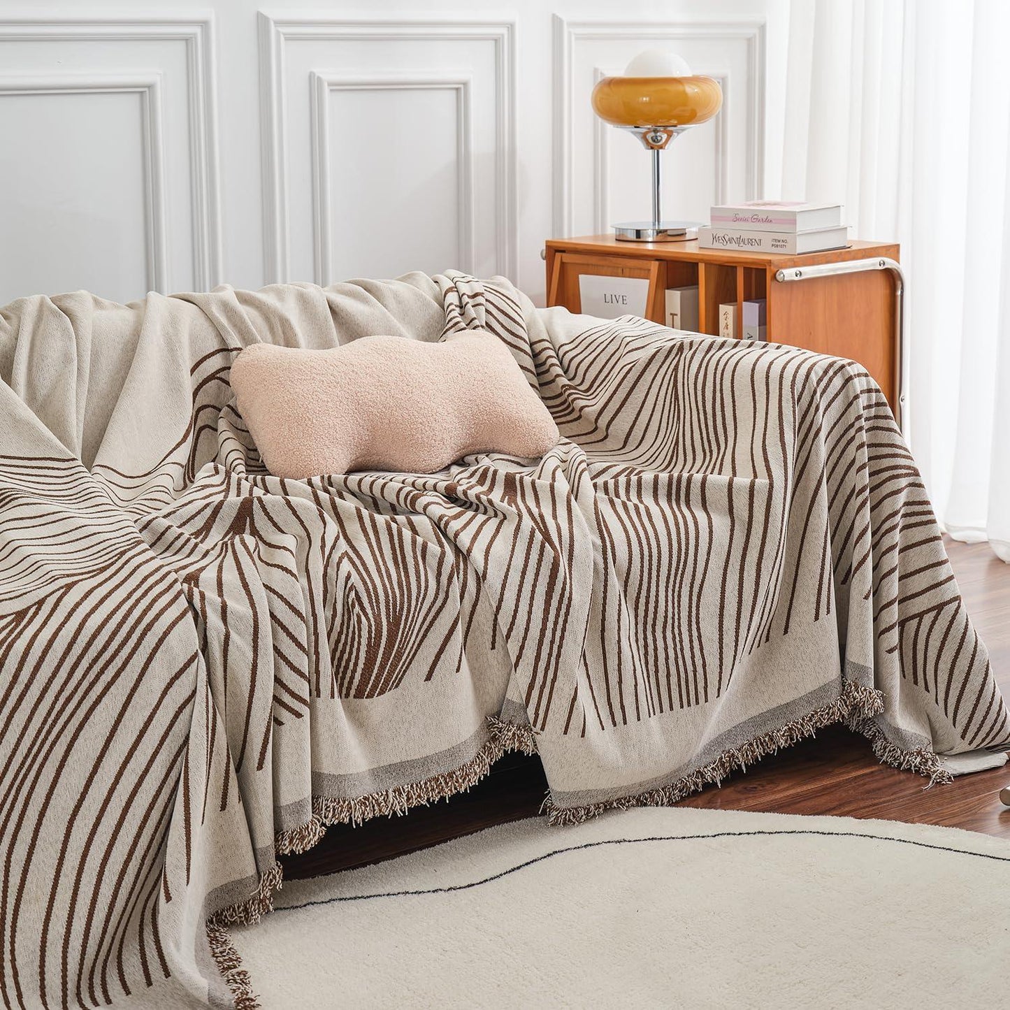 Coffee Colour, Wavy Print, All - Season Chenille Sofa Throw | Anti - Slip - HOKIPO | Har Ghar ka Humsafar