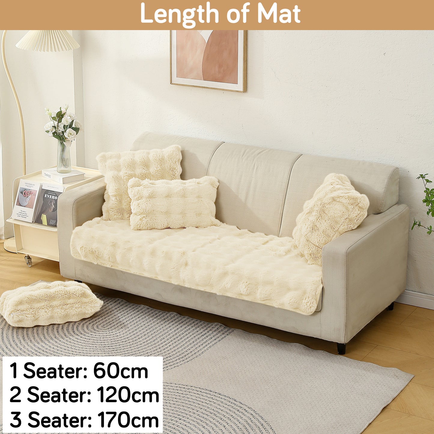 Premium Faux Rabbit Fur Anti Slip Sofa Mat for 1/2/3 Seater, Beige
