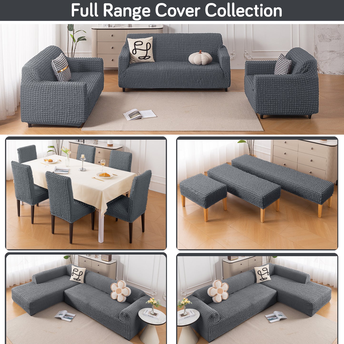 Aria Nova Bubble 2-Piece Stretchable L Shape Sofa Cover with Right Chaise, Dark Grey