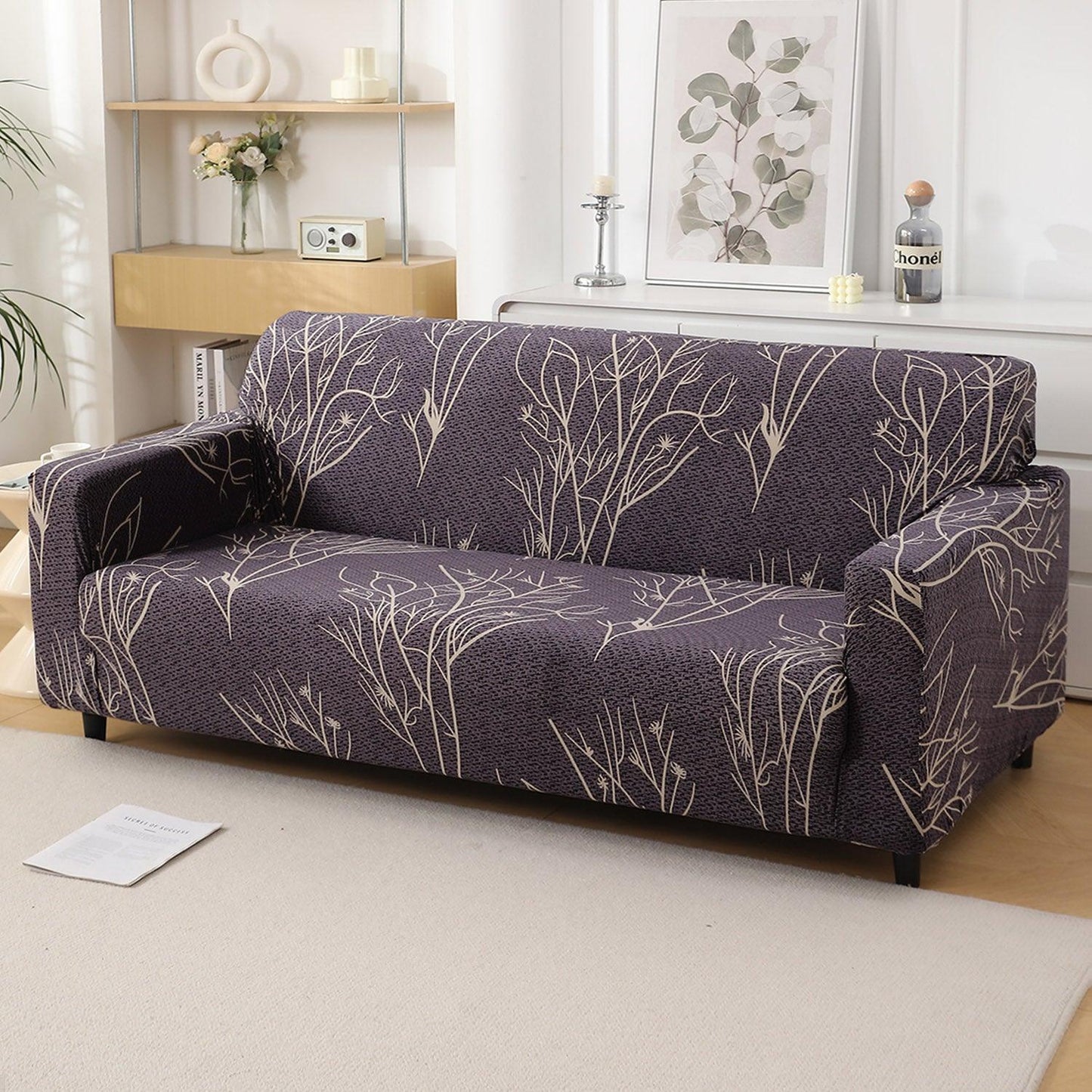 Dark Coffee Colour Twigs Print full fitted stretchable three seater sofa cover