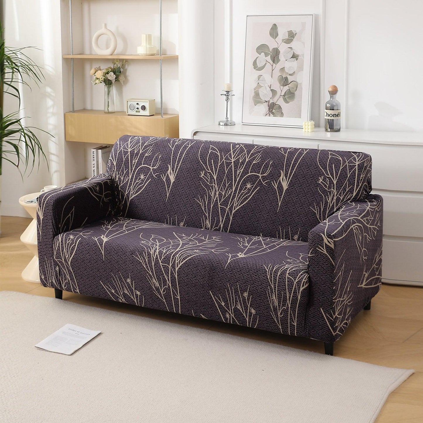 Dark Coffee Colour Twigs Print stretchable 3 seater sofa covers