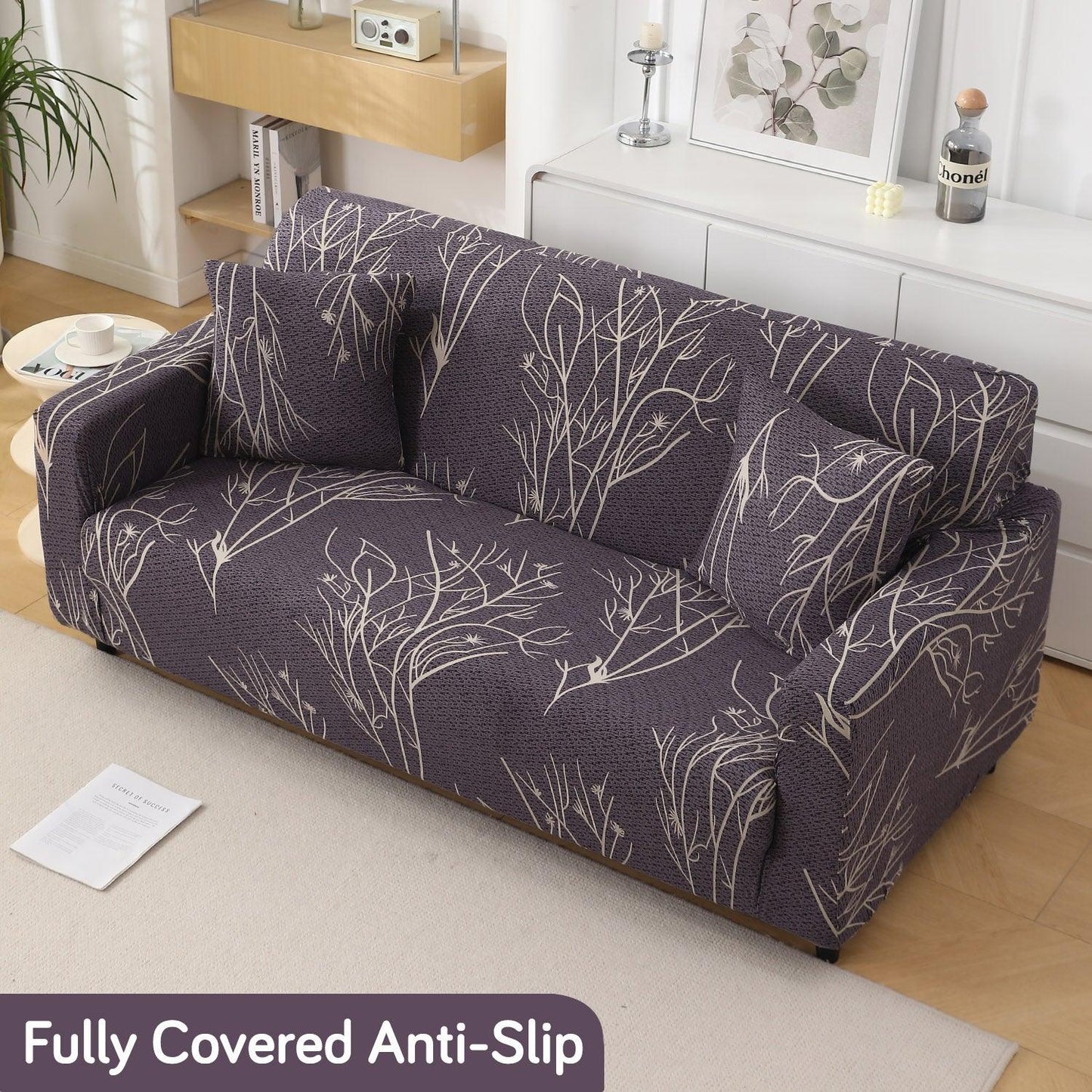 Dark Coffee Colour Twigs Print non slip elastic 2 seater sofa cover