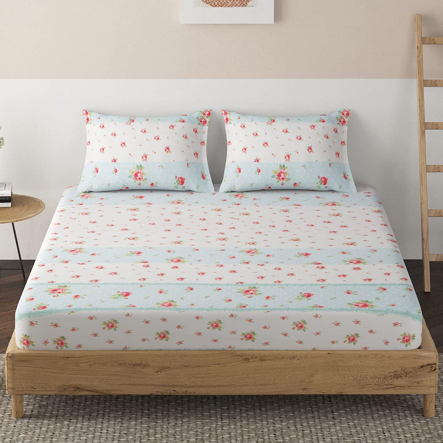 Elastic Fitted Bedsheet, Brushed Microfiber 135 gsm, Floral Stripes Light Blue