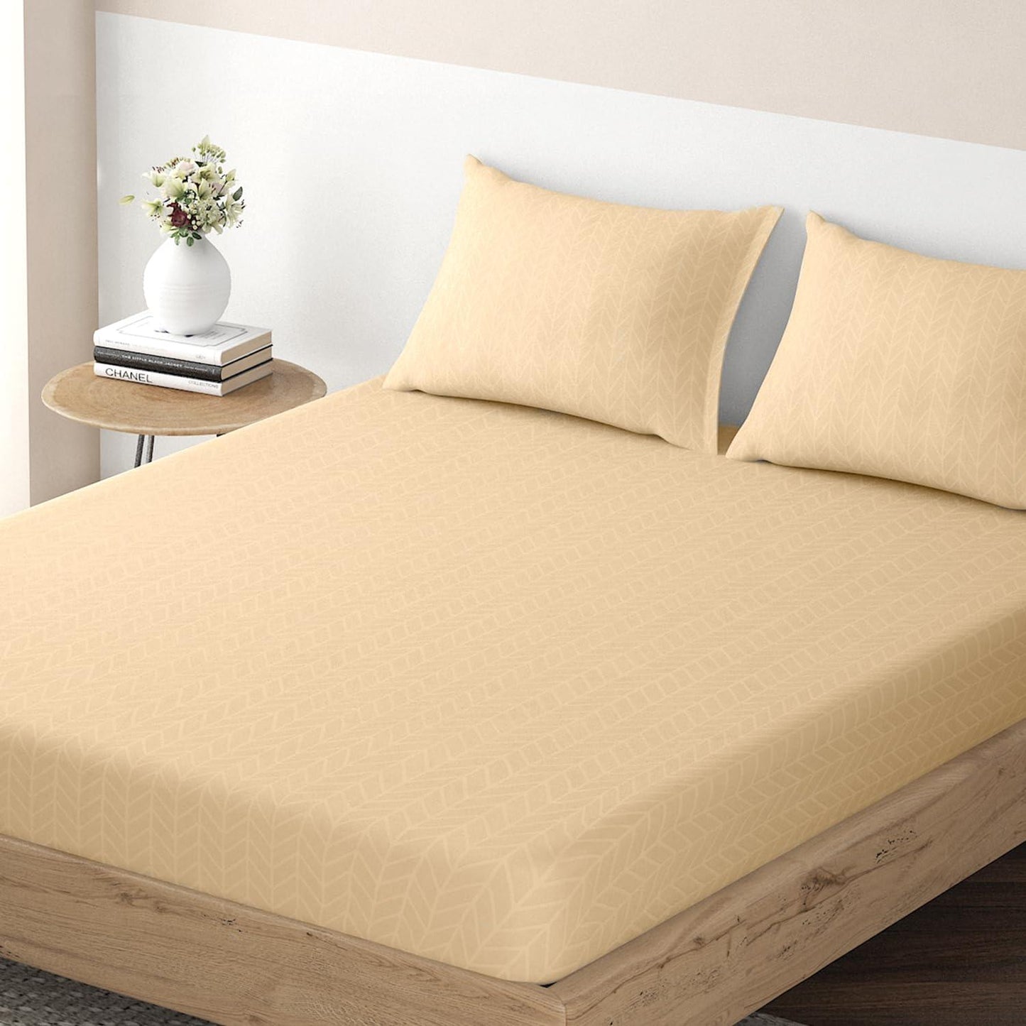 Elastic Fitted Bedsheet, Brushed Microfiber 135 gsm, Herringbone Light Peach - HOKIPO | Har Ghar ka Humsafar