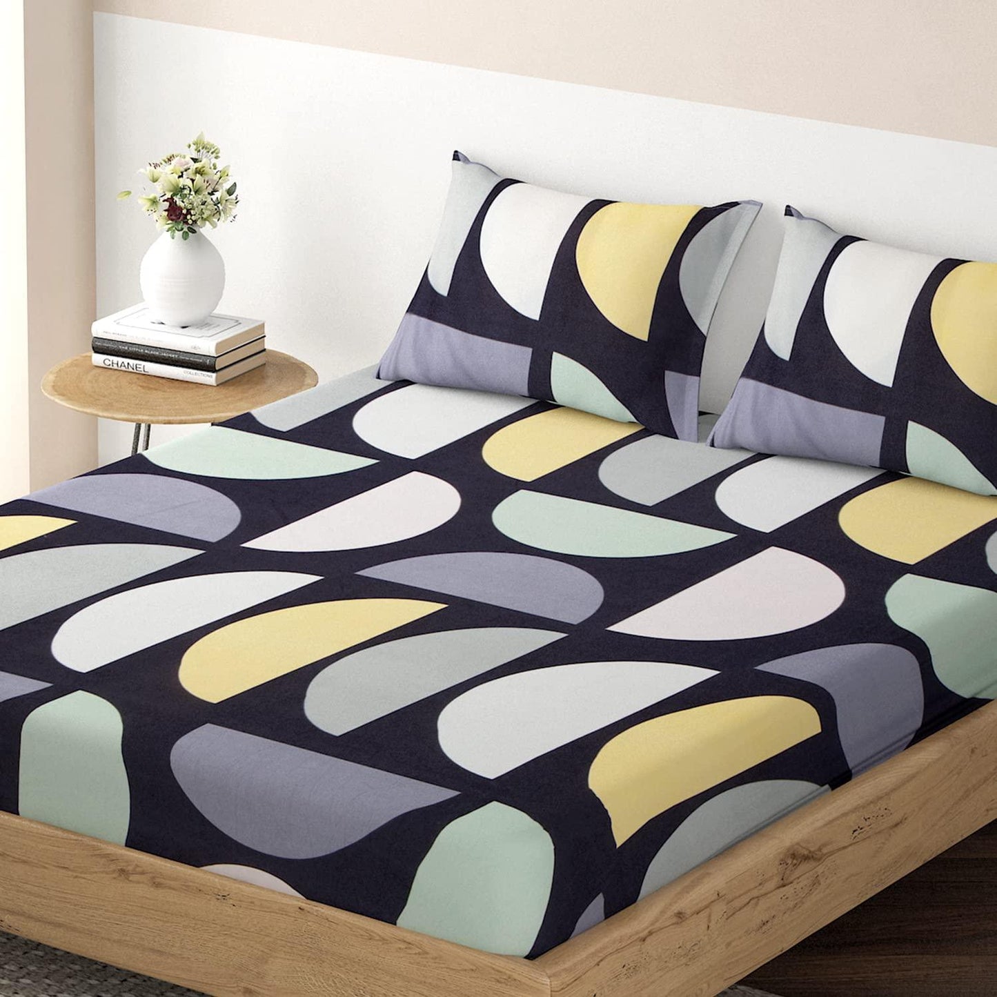 Elastic Fitted Bedsheet, Brushed Microfiber 135 gsm, SemiCircle Multicolor - HOKIPO | Har Ghar ka Humsafar