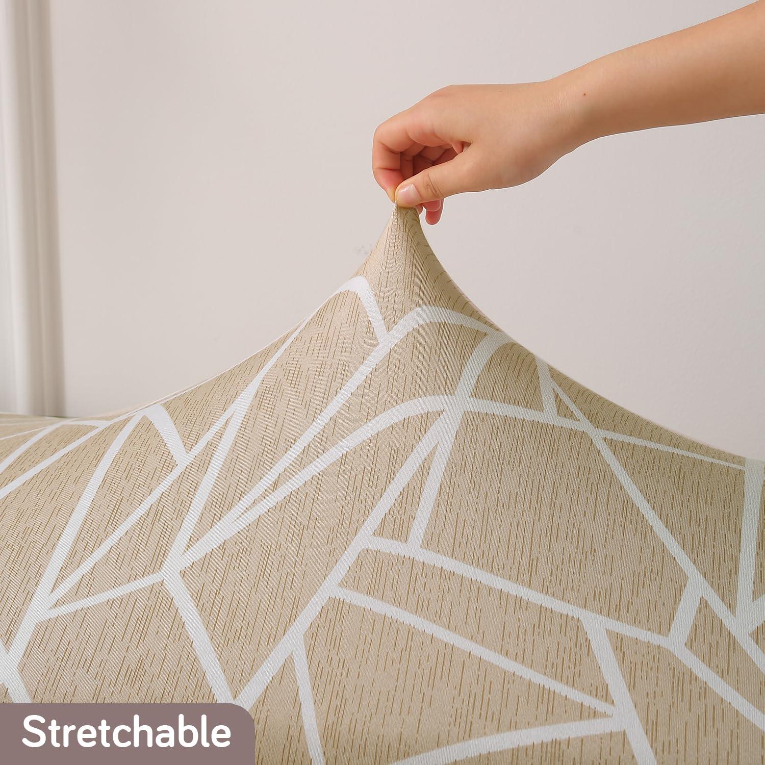 Elastic Printed Dining Bench Stretchable Slipcover, Beige Abstract Geometry - HOKIPO | Har Ghar ka Humsafar