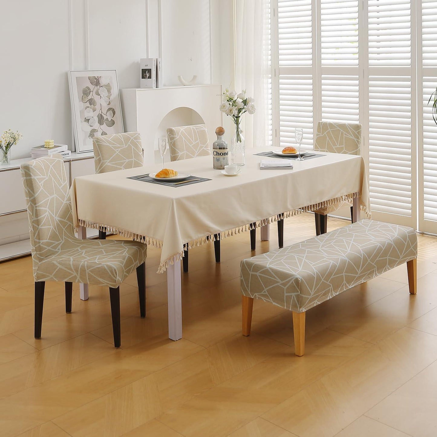 Elastic Printed Dining Bench Stretchable Slipcover, Beige Abstract Geometry - HOKIPO | Har Ghar ka Humsafar