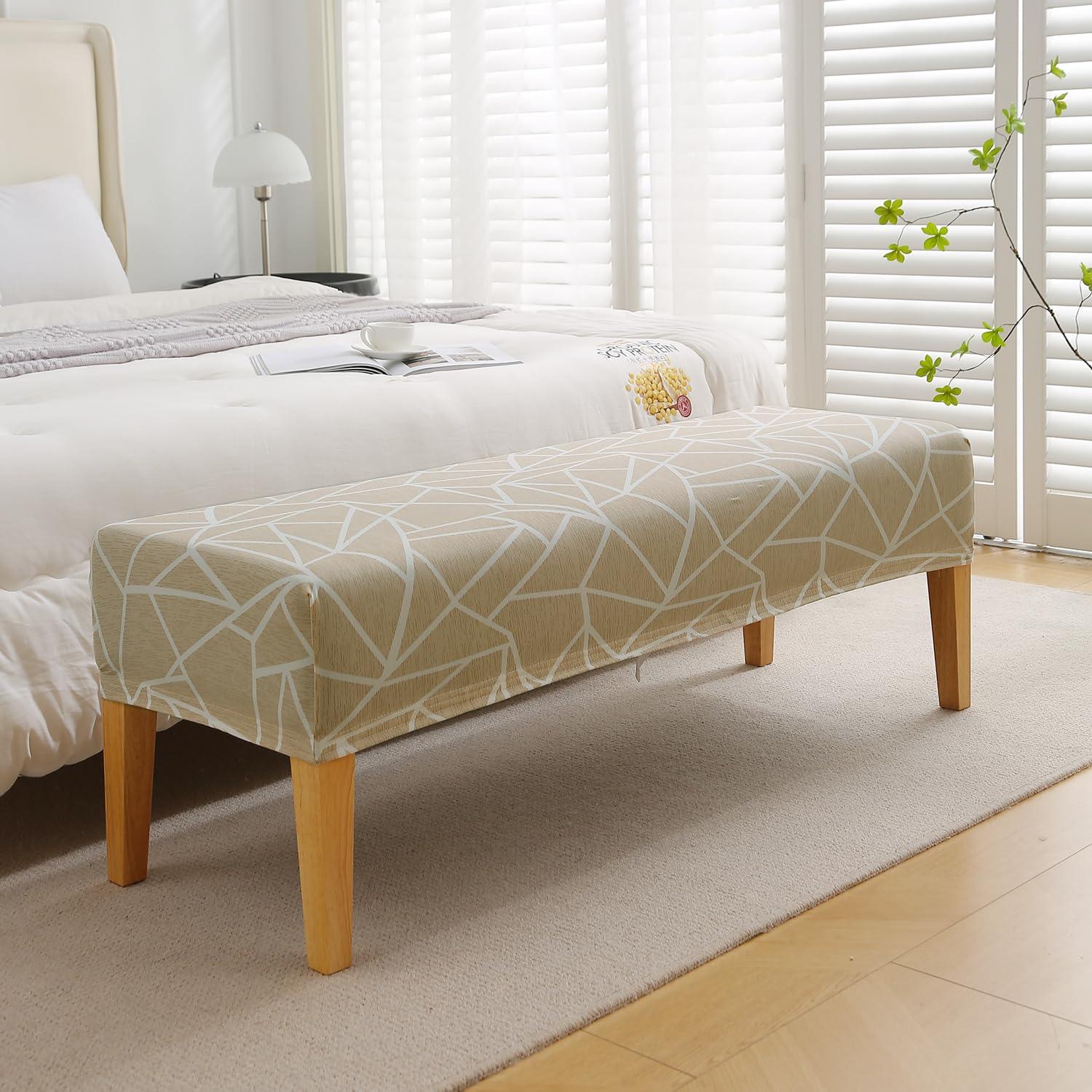 Elastic Printed Dining Bench Stretchable Slipcover, Beige Abstract Geometry - HOKIPO | Har Ghar ka Humsafar