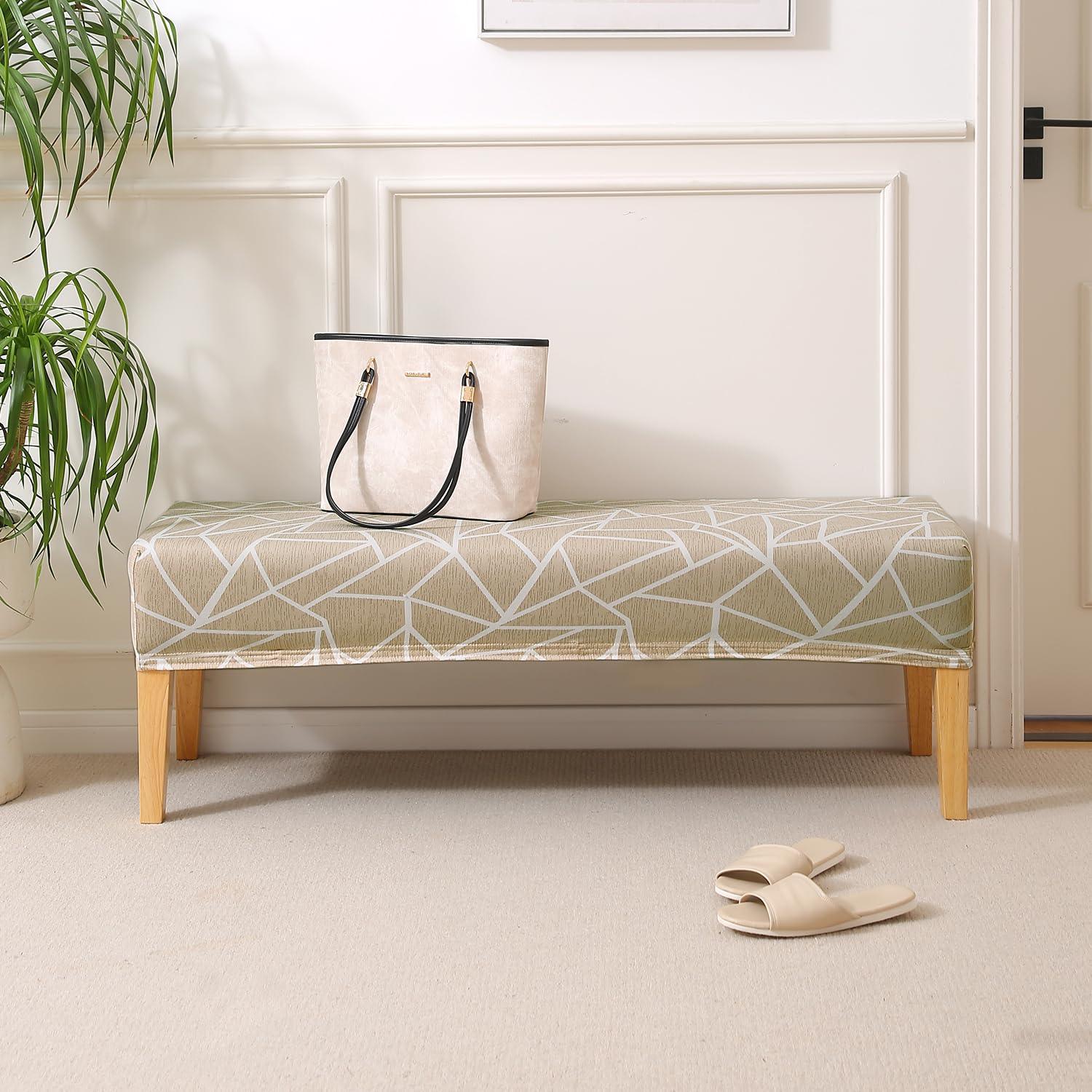 Elastic Printed Dining Bench Stretchable Slipcover, Beige Abstract Geometry - HOKIPO | Har Ghar ka Humsafar