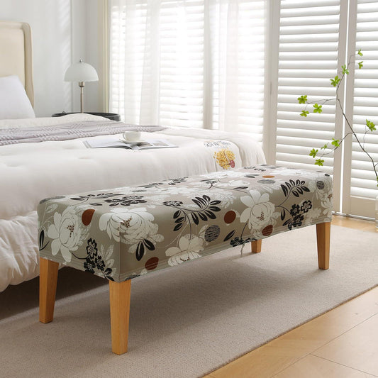 Elastic Printed Dining Bench Stretchable Slipcover, Feather Brown Floral - HOKIPO | Har Ghar ka Humsafar