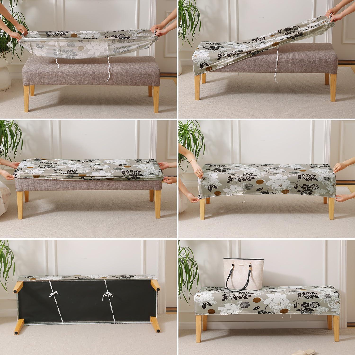 Elastic Printed Dining Bench Stretchable Slipcover, Feather Brown Floral - HOKIPO | Har Ghar ka Humsafar