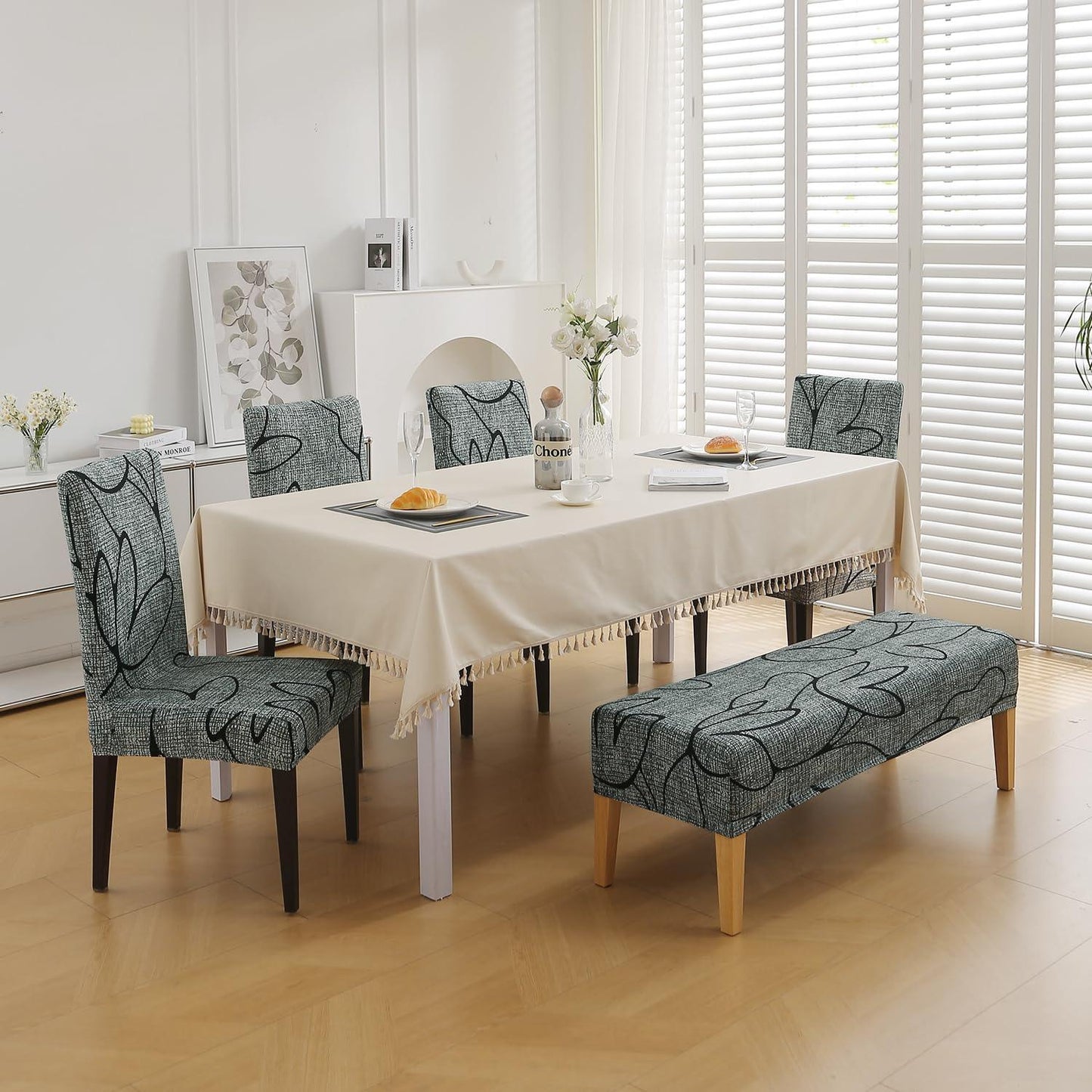 Elastic Printed Dining Bench Stretchable Slipcover, Intense Grey Abstract Floral - HOKIPO | Har Ghar ka Humsafar