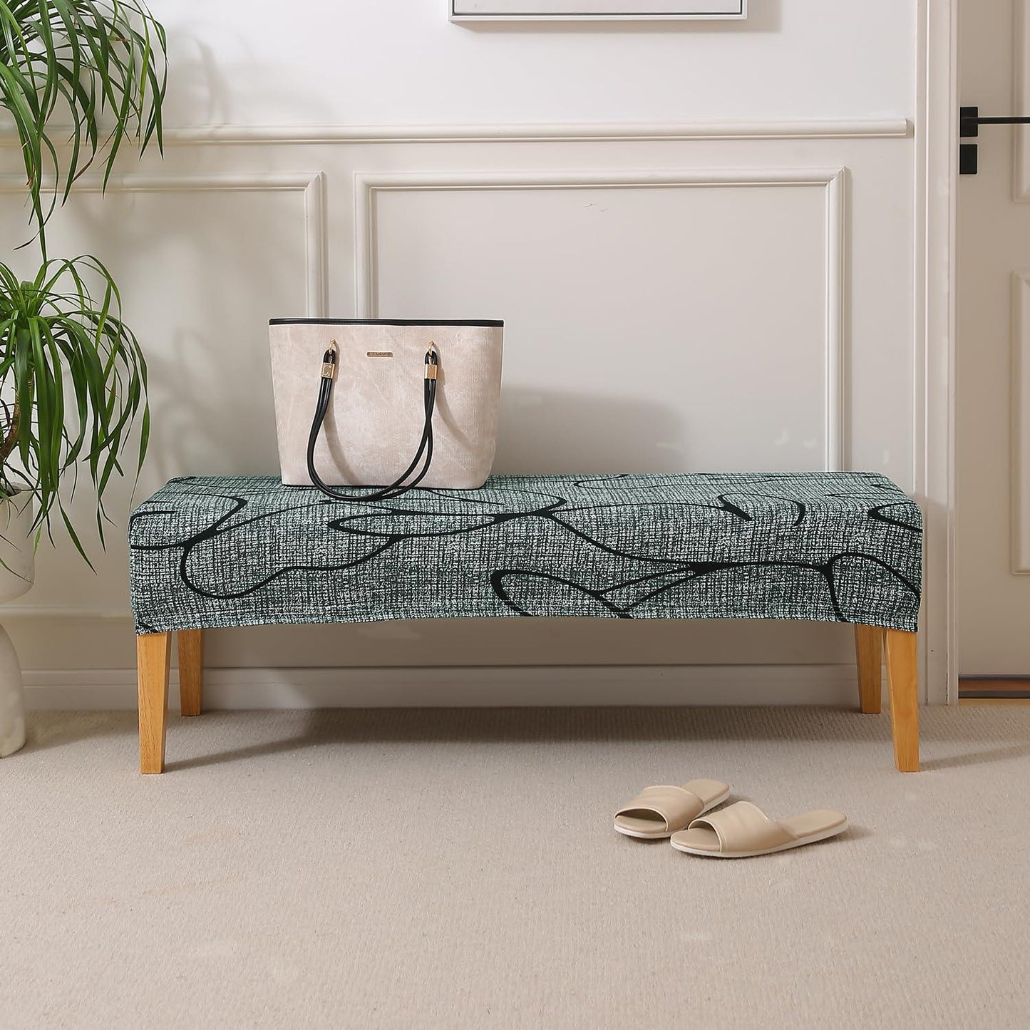 Elastic Printed Dining Bench Stretchable Slipcover, Intense Grey Abstract Floral - HOKIPO | Har Ghar ka Humsafar