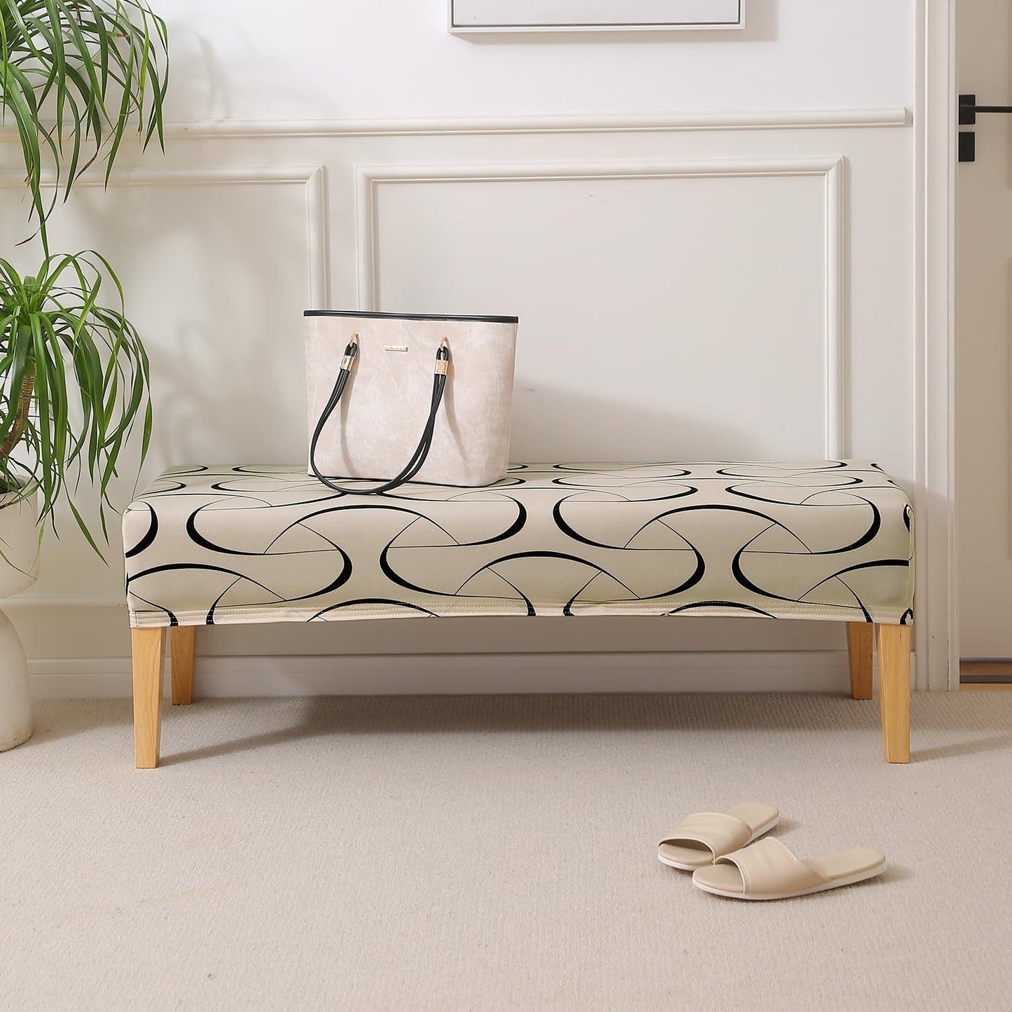Elastic Printed Dining Bench Stretchable Slipcover, Natural Beige Abstract Art - HOKIPO | Har Ghar ka Humsafar