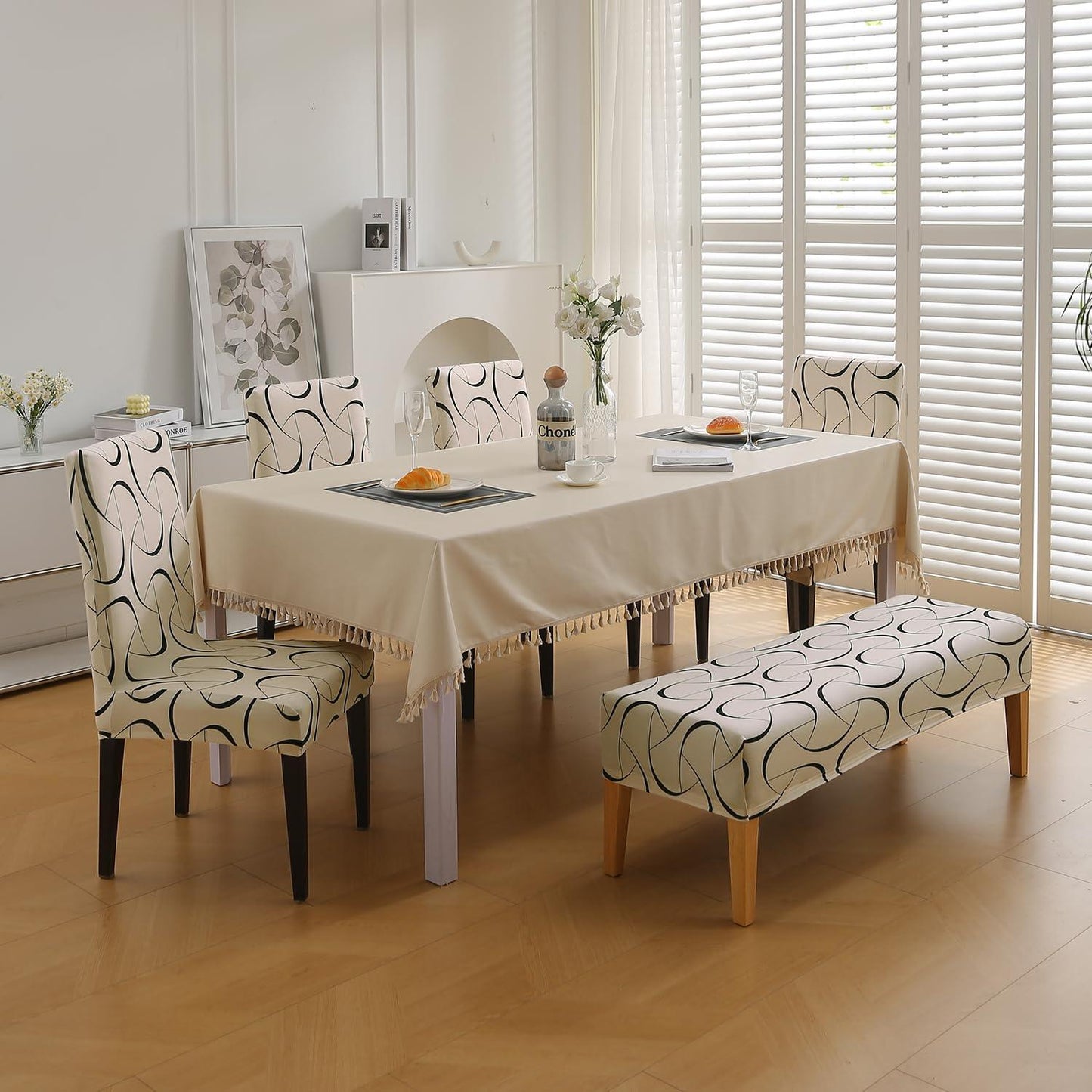 Elastic Printed Dining Bench Stretchable Slipcover, Natural Beige Abstract Art - HOKIPO | Har Ghar ka Humsafar