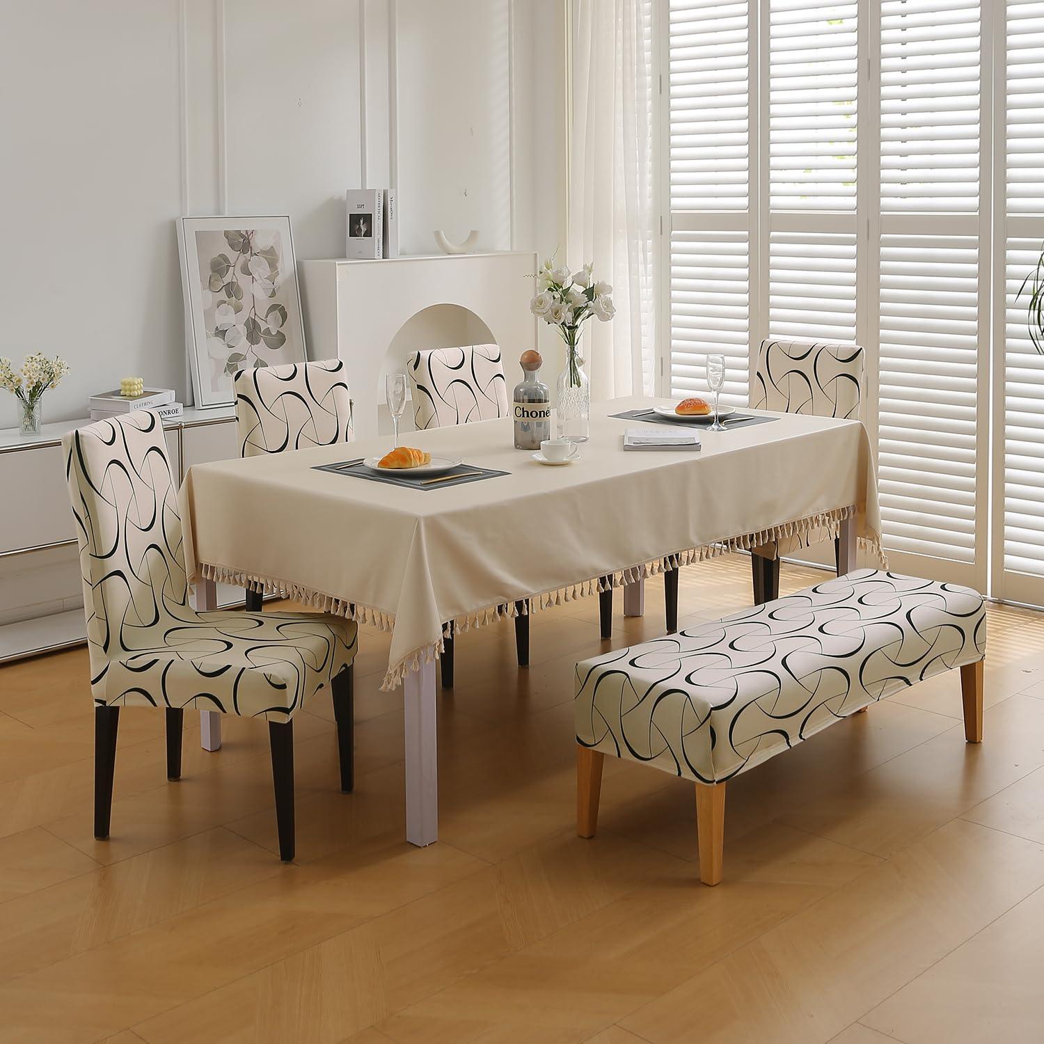 Elastic Printed Dining Bench Stretchable Slipcover, Natural Beige Abstract Art - HOKIPO | Har Ghar ka Humsafar