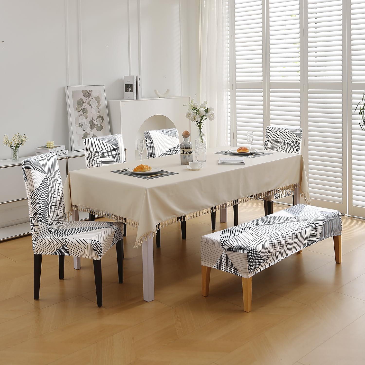 Elastic Printed Dining Bench Stretchable Slipcover, Snow White Black Geometry - HOKIPO | Har Ghar ka Humsafar