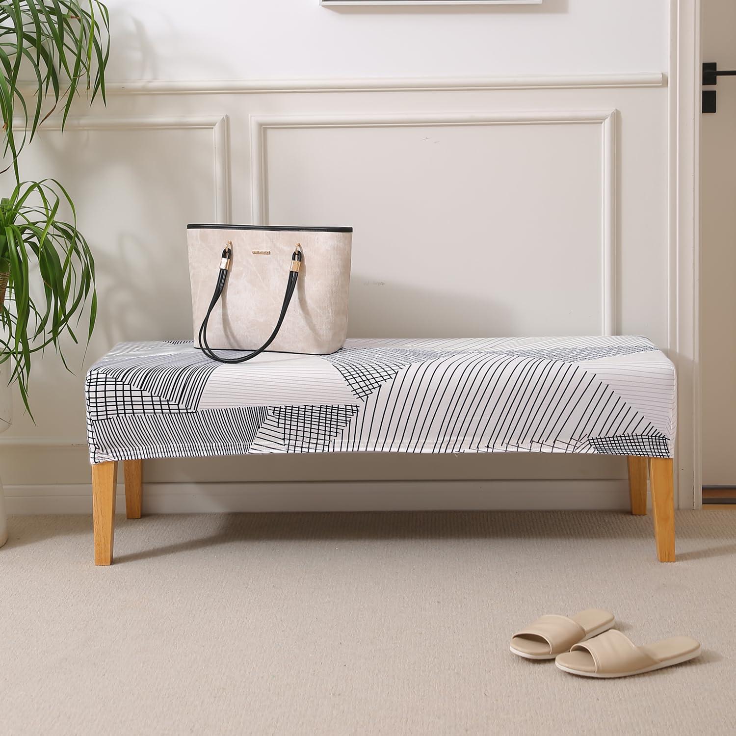 Elastic Printed Dining Bench Stretchable Slipcover, Snow White Black Geometry - HOKIPO | Har Ghar ka Humsafar