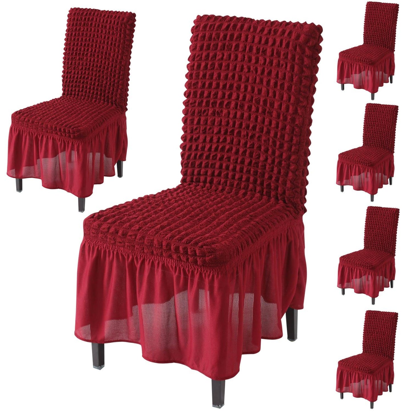 Elastic Stretchable 280 GSM Bubble Dining Chair Cover with Frill, Cherry Red