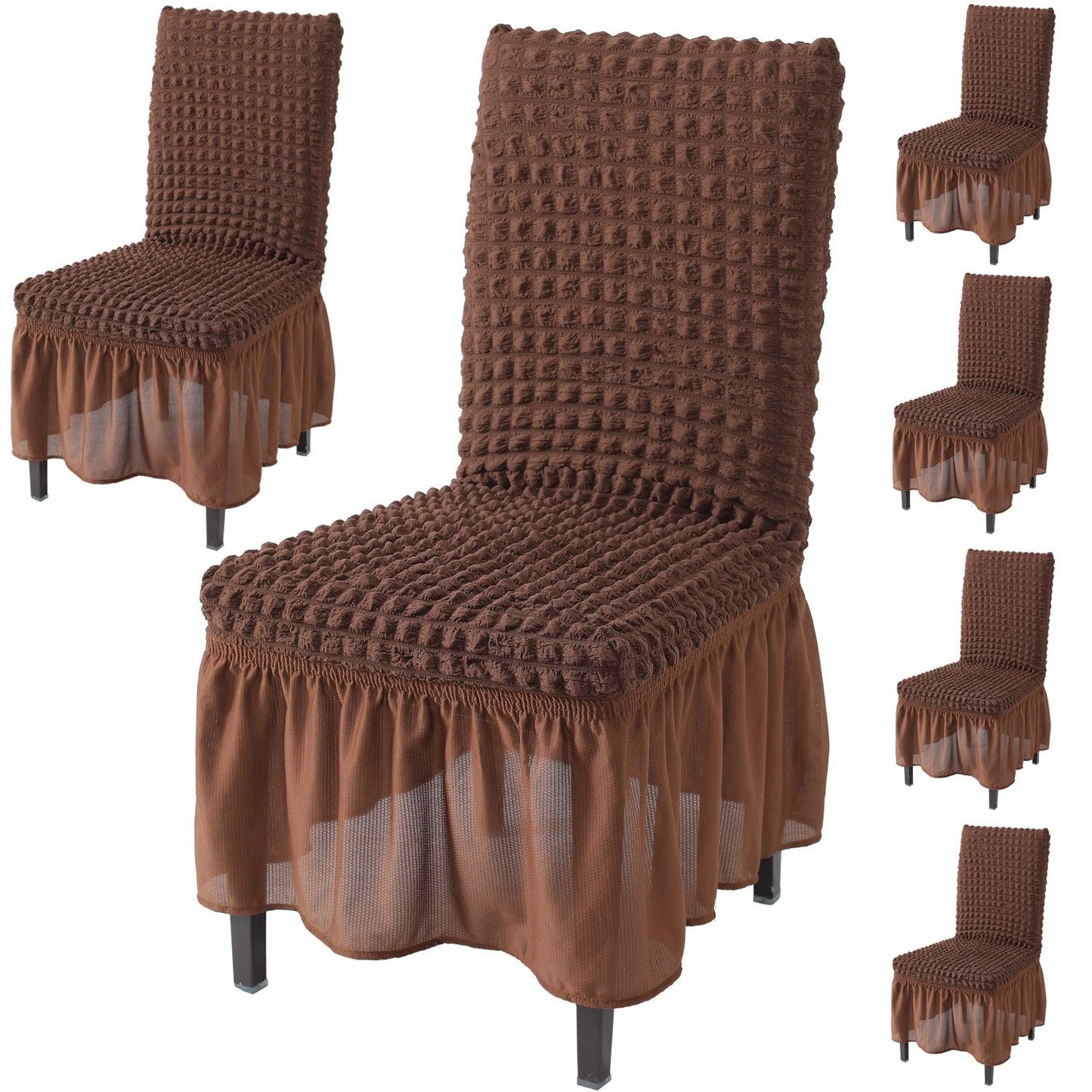 Elastic Stretchable 280 GSM Bubble Dining Chair Cover with Frill, Dark Brown