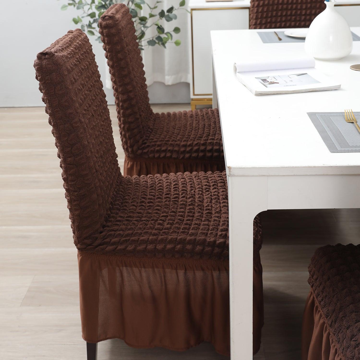 Elastic Stretchable 280 GSM Turkish Bubble Dining Chair Cover with Frill, Dark Brown - HOKIPO | Har Ghar ka Humsafar