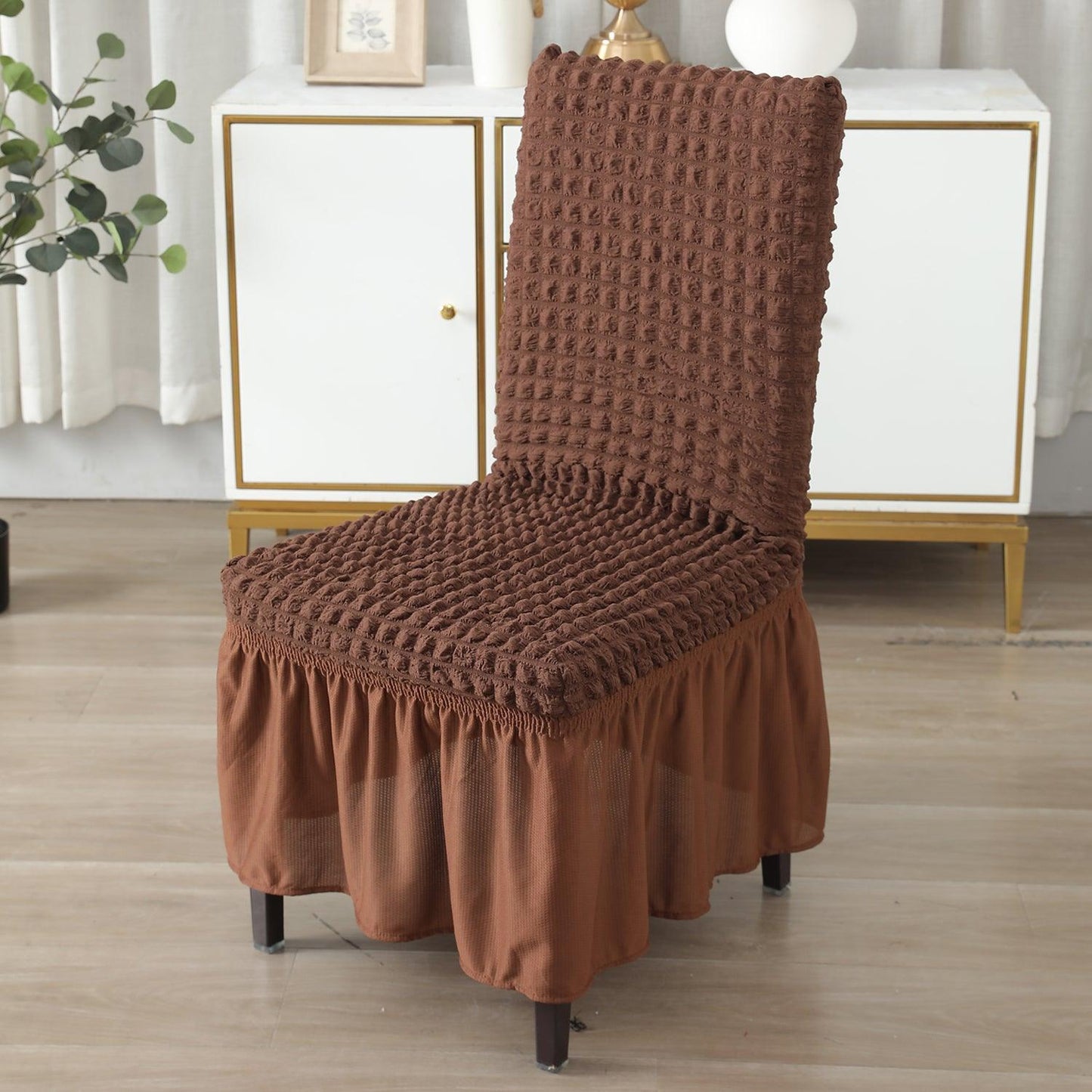 Elastic Stretchable 280 GSM Turkish Bubble Dining Chair Cover with Frill, Dark Brown - HOKIPO | Har Ghar ka Humsafar