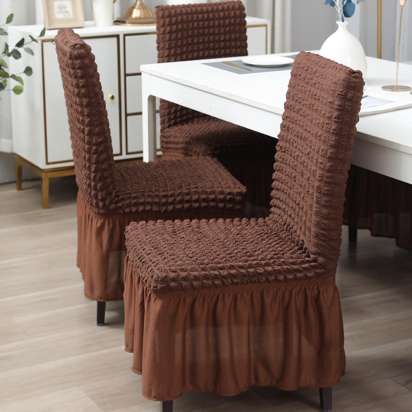 Elastic Stretchable 280 GSM Turkish Bubble Dining Chair Cover with Frill, Dark Brown - HOKIPO | Har Ghar ka Humsafar