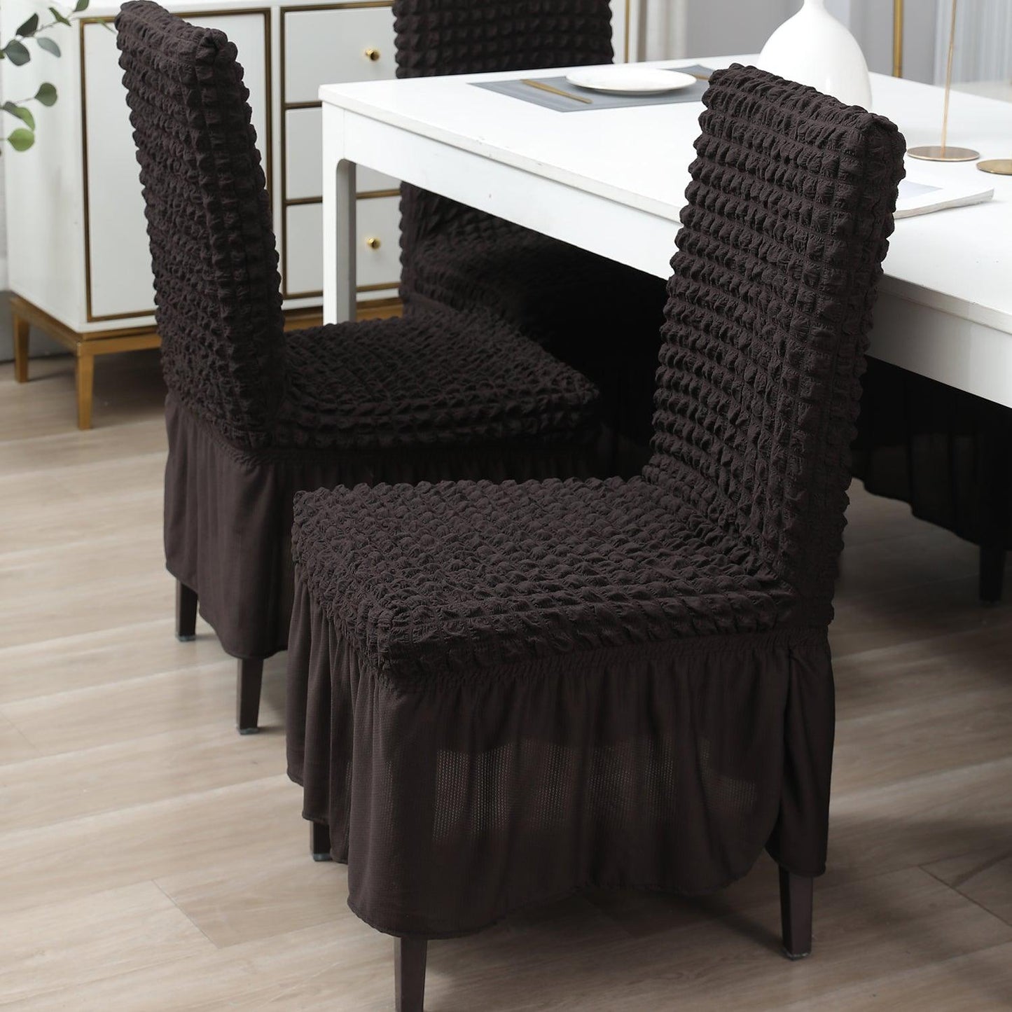 Elastic Stretchable 280 GSM Turkish Bubble Dining Chair Cover with Frill, Dark Chocolate - HOKIPO | Har Ghar ka Humsafar