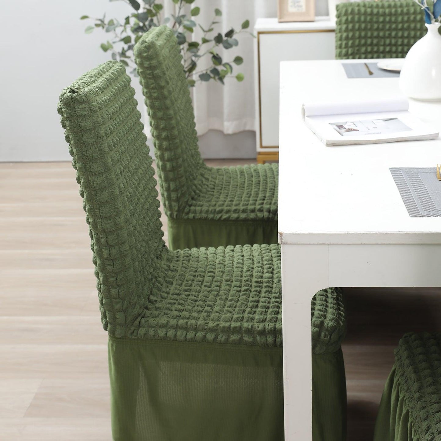 Elastic Stretchable 280 GSM Turkish Bubble Dining Chair Cover with Frill, Forest Green - HOKIPO | Har Ghar ka Humsafar