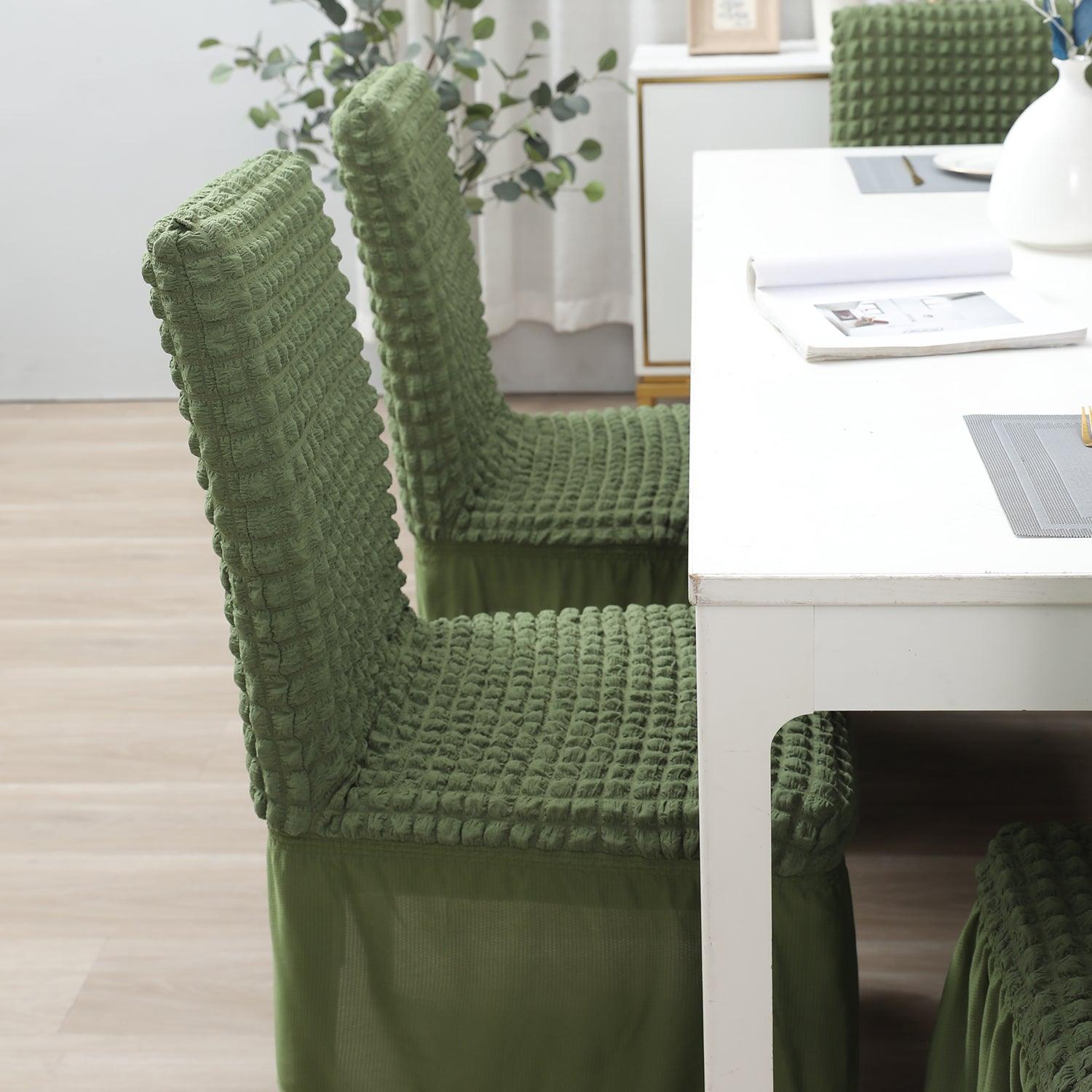 Elastic Stretchable 280 GSM Turkish Bubble Dining Chair Cover with Frill, Forest Green - HOKIPO | Har Ghar ka Humsafar