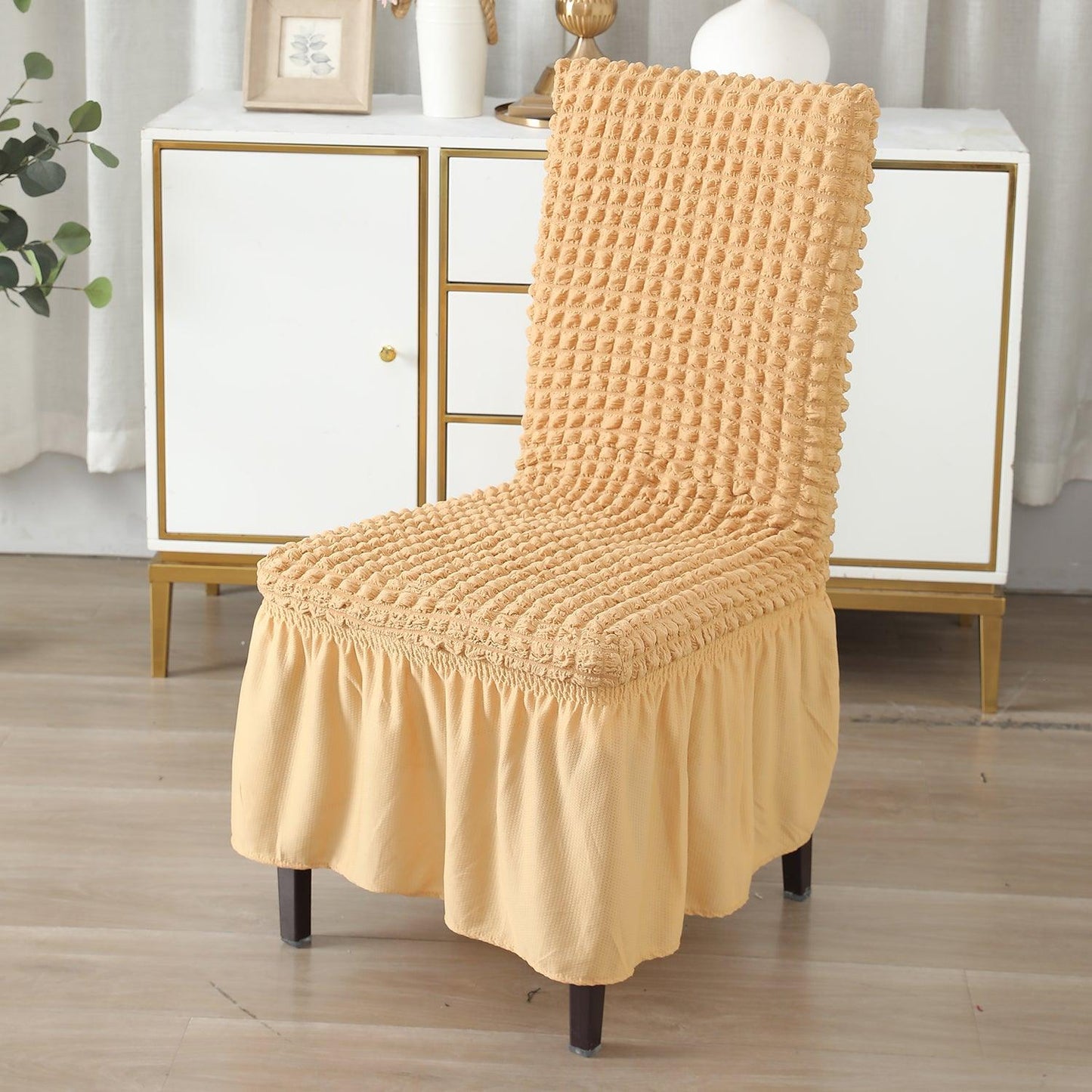 Elastic Stretchable 280 GSM Turkish Bubble Dining Chair Cover with Frill, Light Brown - HOKIPO | Har Ghar ka Humsafar