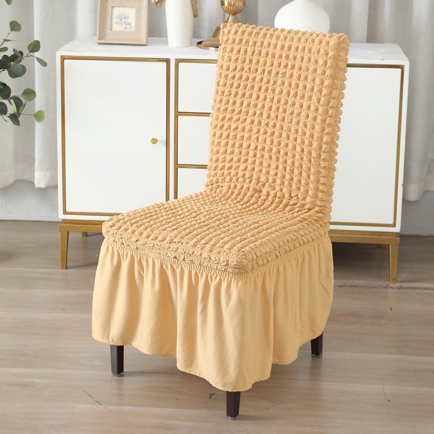 Elastic Stretchable 280 GSM Turkish Bubble Dining Chair Cover with Frill, Light Brown - HOKIPO | Har Ghar ka Humsafar