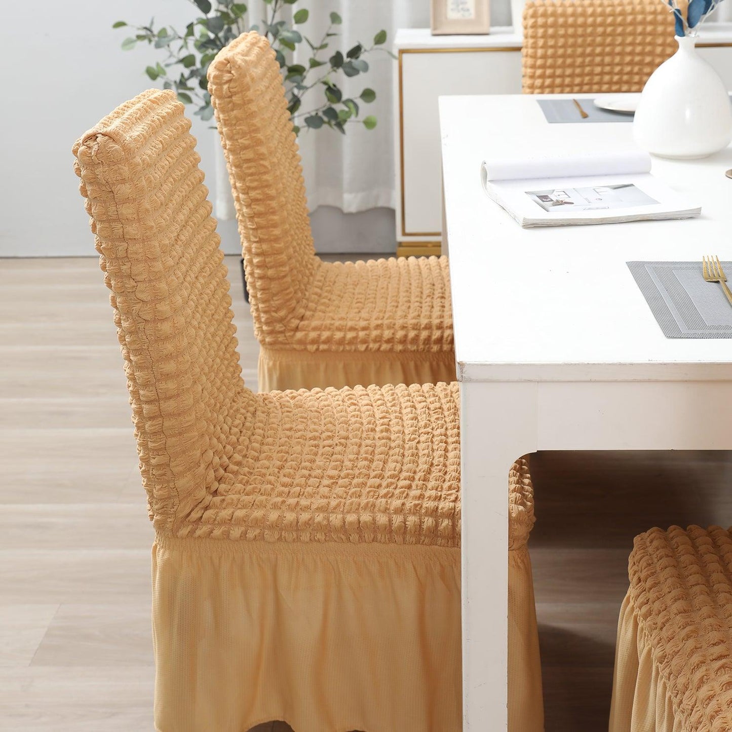 Elastic Stretchable 280 GSM Turkish Bubble Dining Chair Cover with Frill, Light Brown - HOKIPO | Har Ghar ka Humsafar