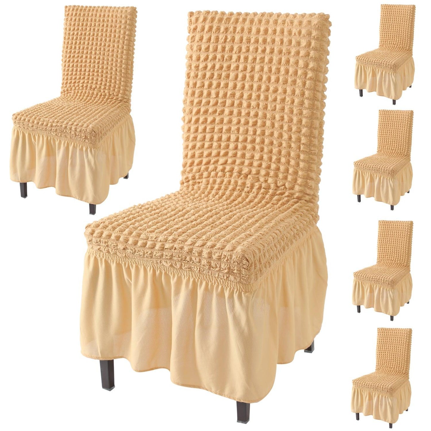 Elastic Stretchable 280 GSM Bubble Dining Chair Cover with Frill, Light Brown