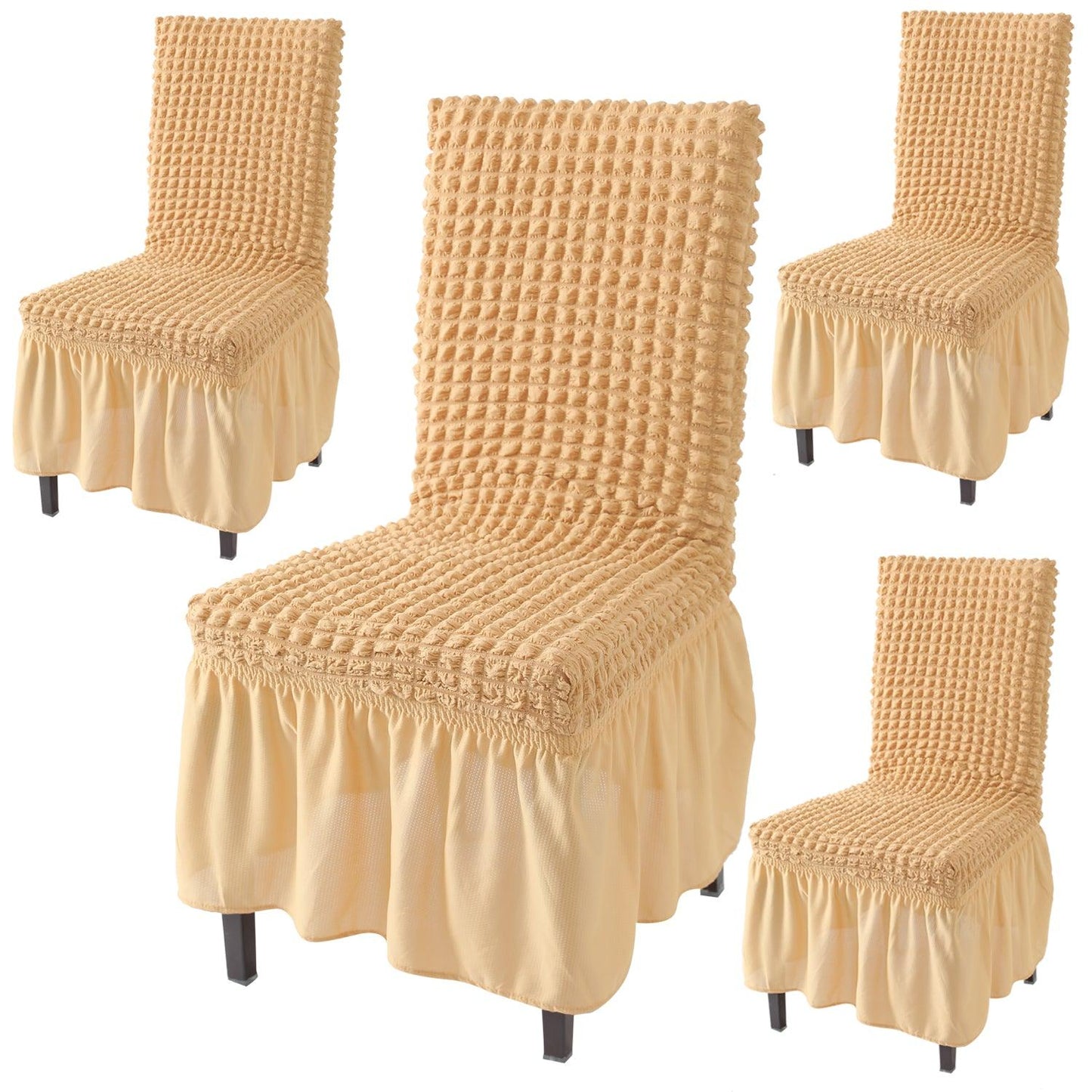 Elastic Stretchable 280 GSM Bubble Dining Chair Cover with Frill, Light Brown