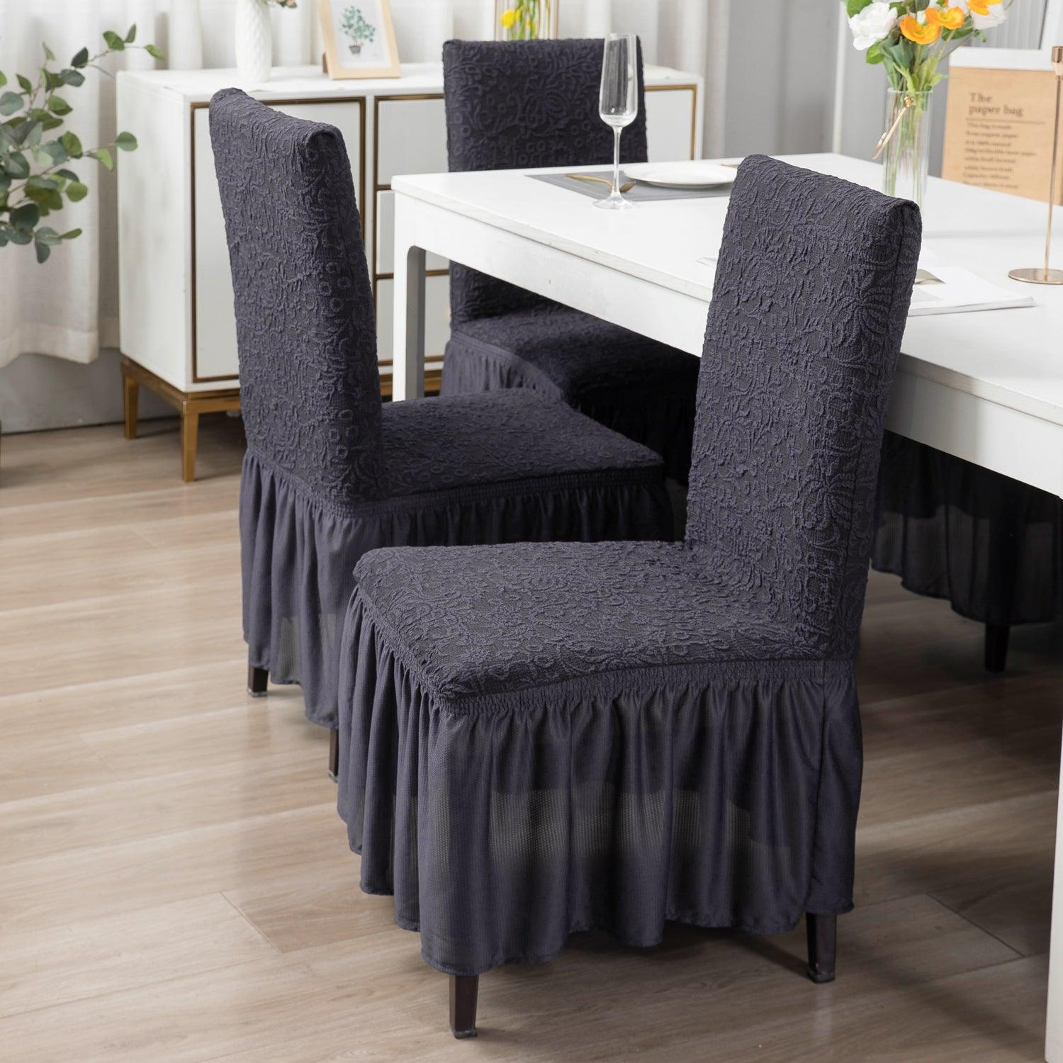 Elastic Stretchable Designer Woven Jacquard Dining Chair Cover with Frill, Abbey Grey - HOKIPO | Har Ghar ka Humsafar
