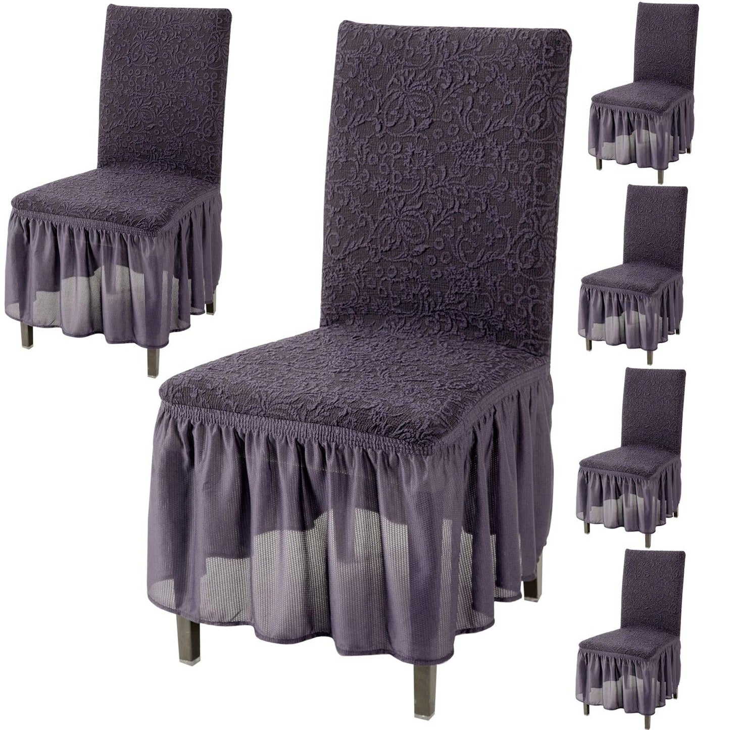 Elastic Stretchable Designer Woven Jacquard Dining Chair Cover with Frill, Abbey Grey