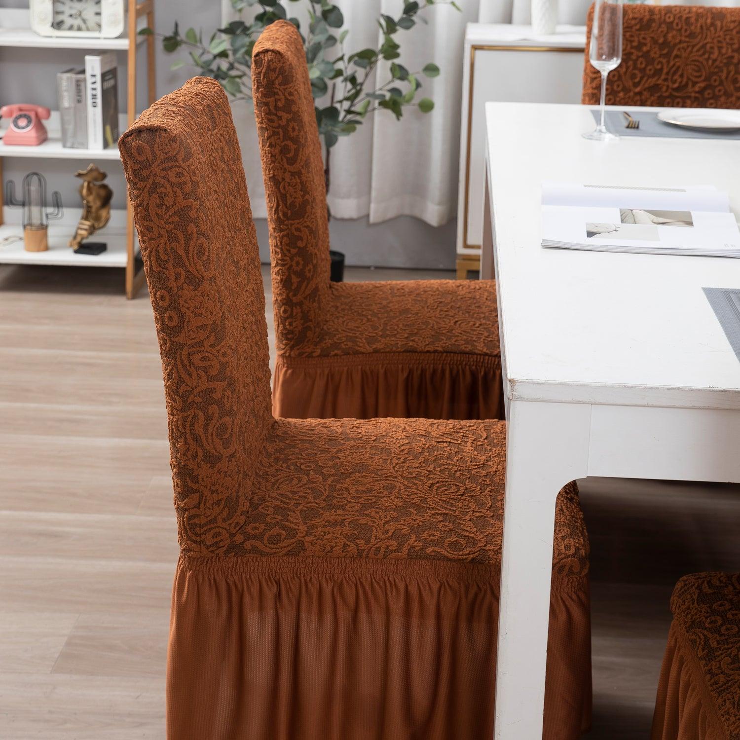 Elastic Stretchable Designer Woven Jacquard Dining Chair Cover with Frill, Caramel Brown - HOKIPO | Har Ghar ka Humsafar