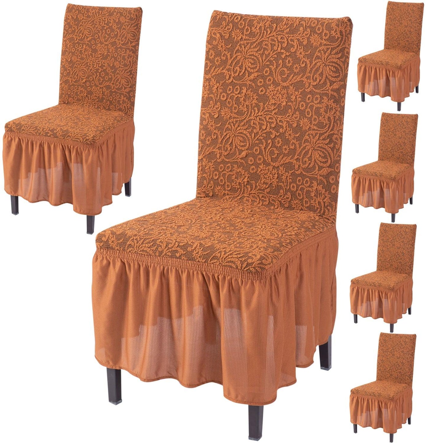 Elastic Stretchable Designer Woven Jacquard Dining Chair Cover with Frill, Caramel Brown