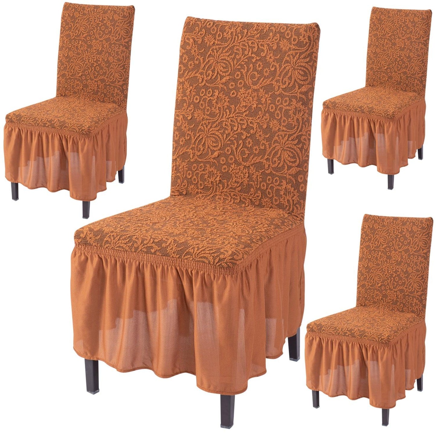 Elastic Stretchable Designer Woven Jacquard Dining Chair Cover with Frill, Caramel Brown