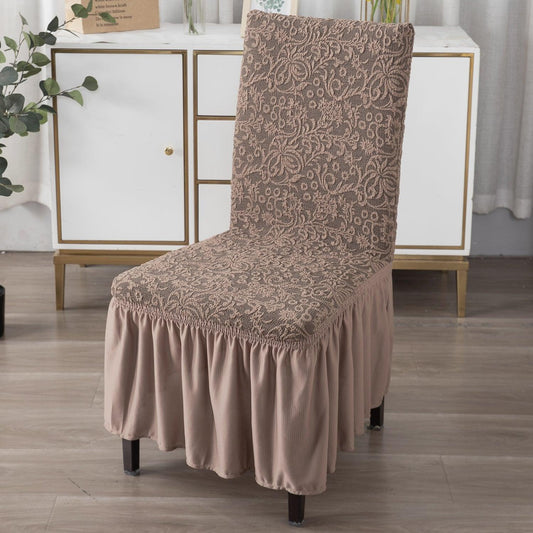 Elastic Stretchable Designer Woven Jacquard Dining Chair Cover with Frill, Light Taupe - HOKIPO | Har Ghar ka Humsafar