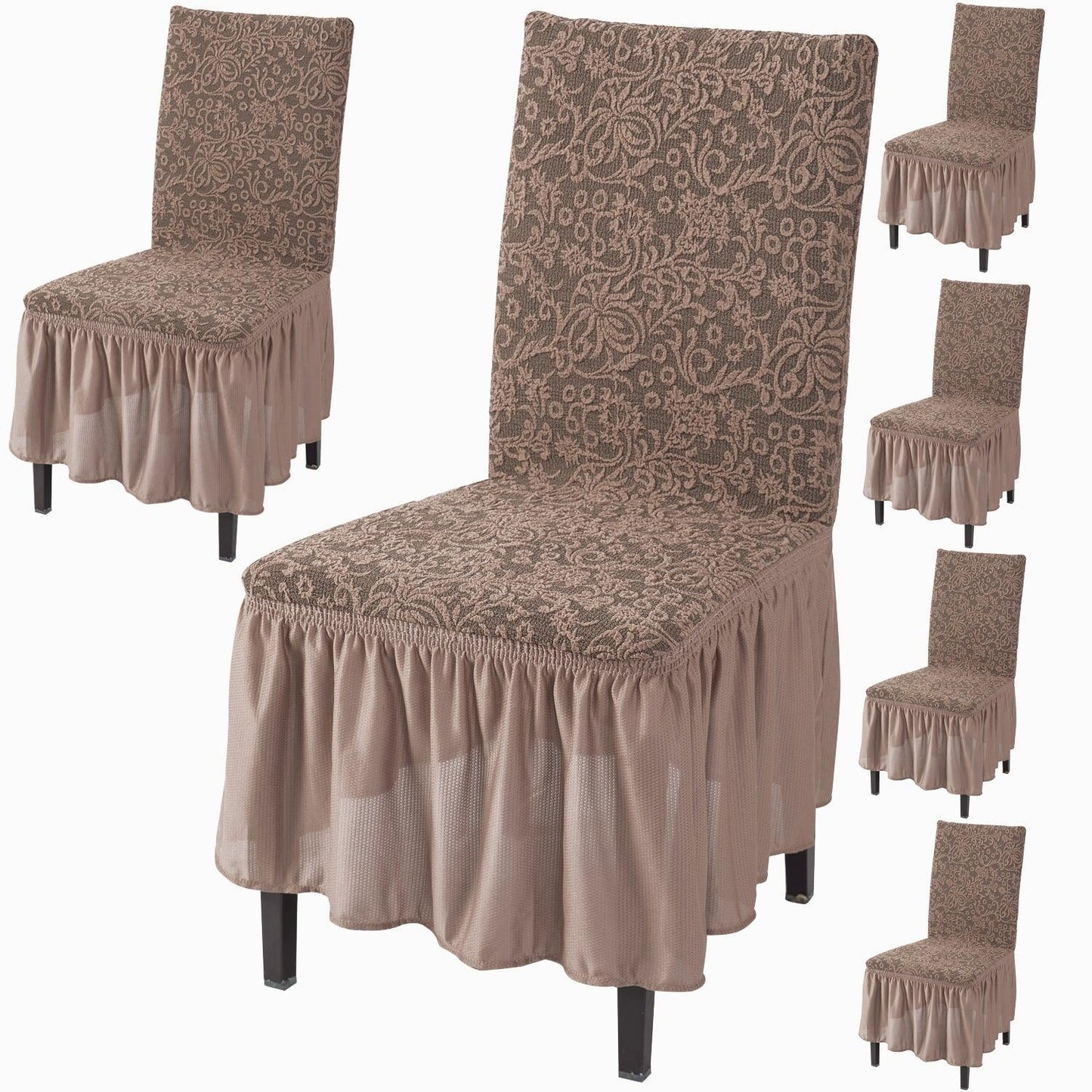 Elastic Stretchable Designer Woven Jacquard Dining Chair Cover with Frill, Light Taupe