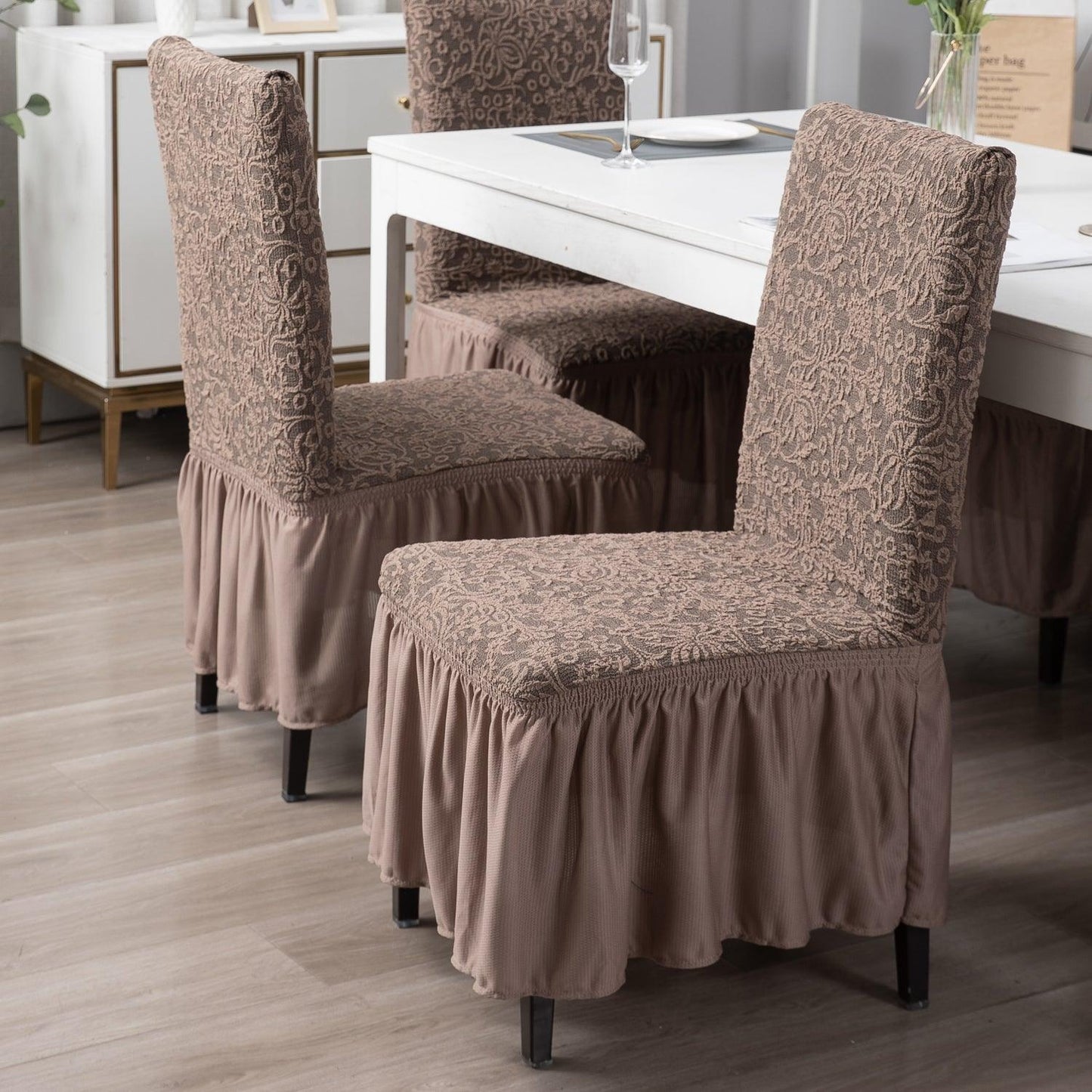 Elastic Stretchable Designer Woven Jacquard Dining Chair Cover with Frill, Light Taupe - HOKIPO | Har Ghar ka Humsafar
