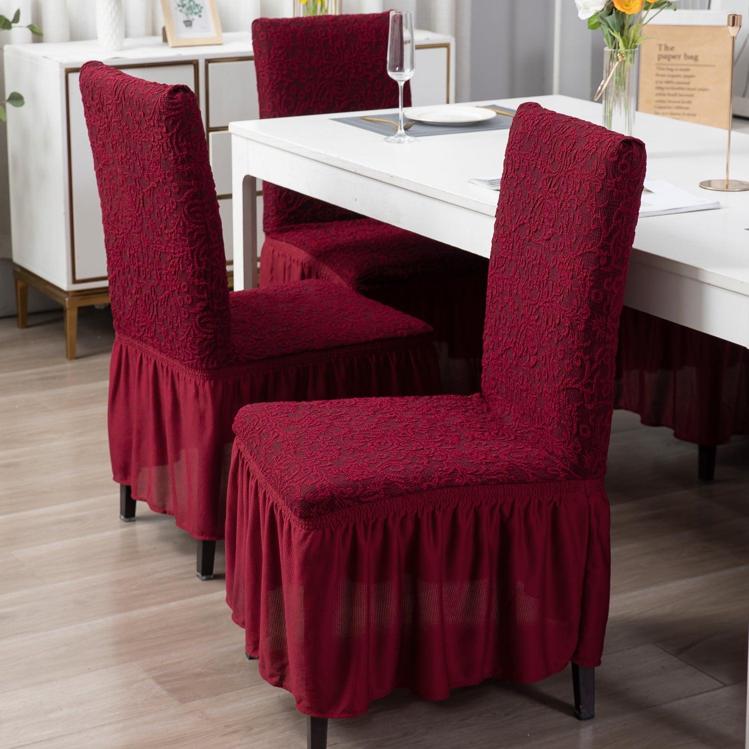 Elastic Stretchable Designer Woven Jacquard Dining Chair Cover with Frill, Wine Red - HOKIPO | Har Ghar ka Humsafar
