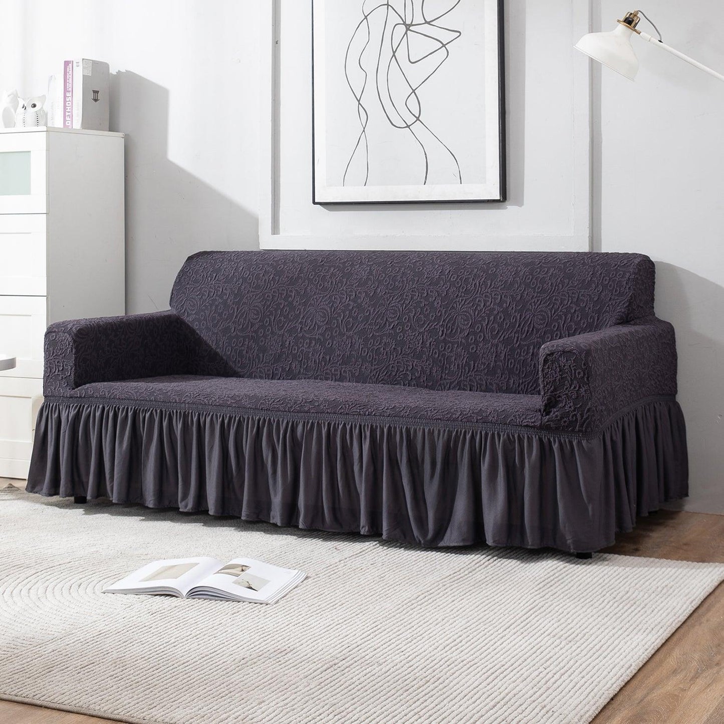 Abbey Grey 4 seater designer woven jacquard elastic frill sofa cover