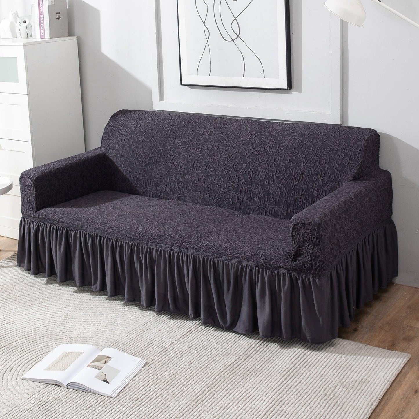 Abbey Grey 3 seater designer woven jacquard elastic frill sofa cover