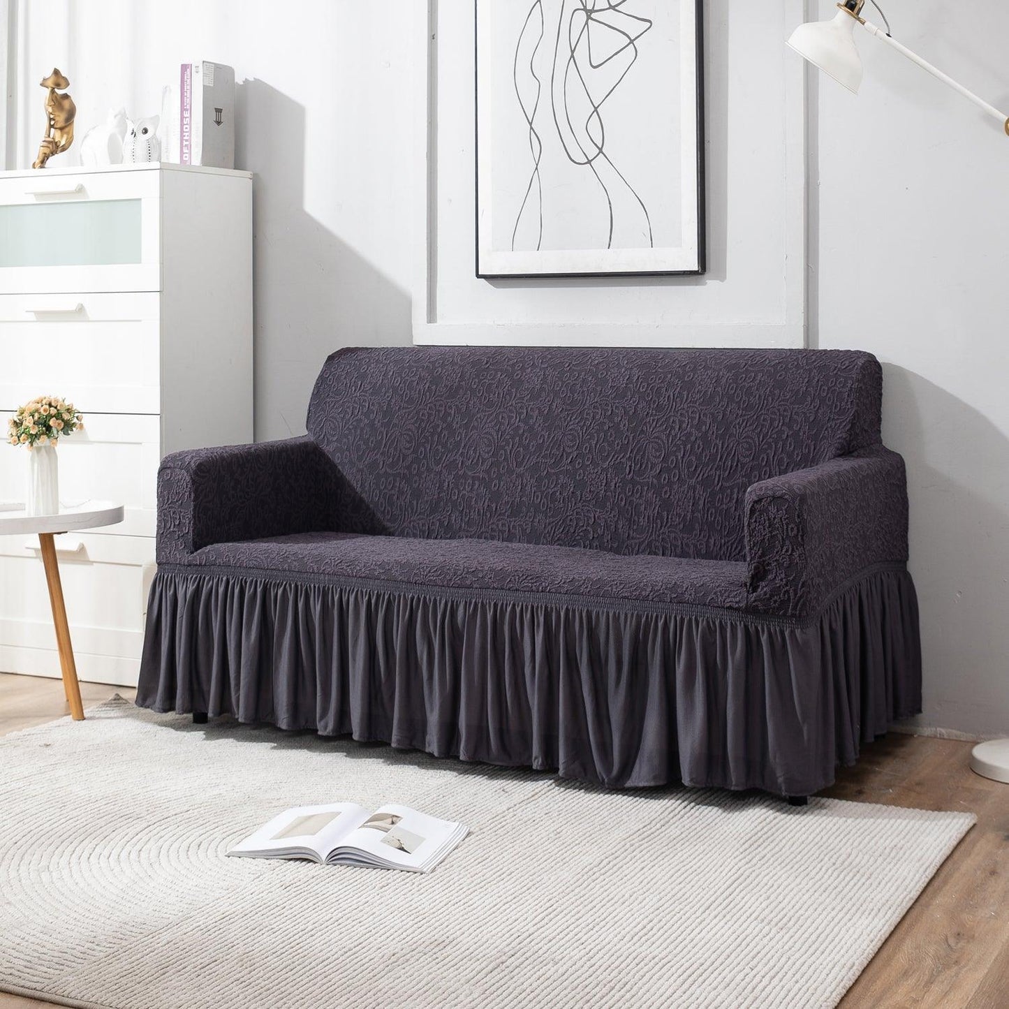 Abbey Grey 2 seater designer woven jacquard elastic frill sofa cover